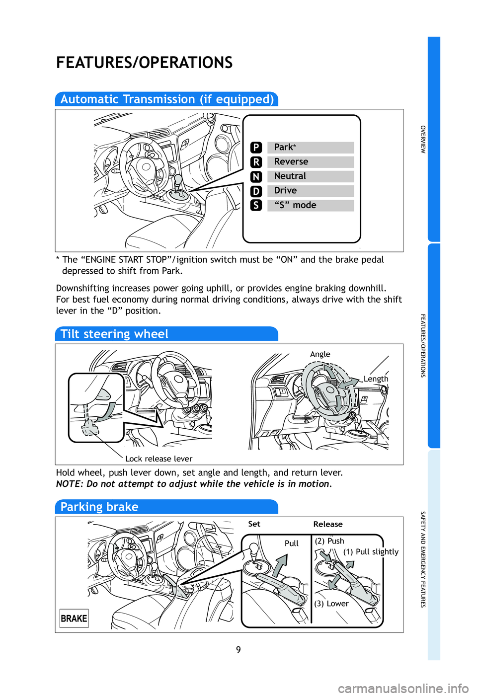 TOYOTA tC 2012   (in English) User Guide OVERVIEW
FEATURES/OPERATIONS
SAFETY AND EMERGENCY FEATURES
9
FEATURES/OPERATIONS
Automatic Transmission (if equipped)
Park*
Reverse
Neutral
Drive
N

* The “ENGINE START STOP”/ignition switch must 