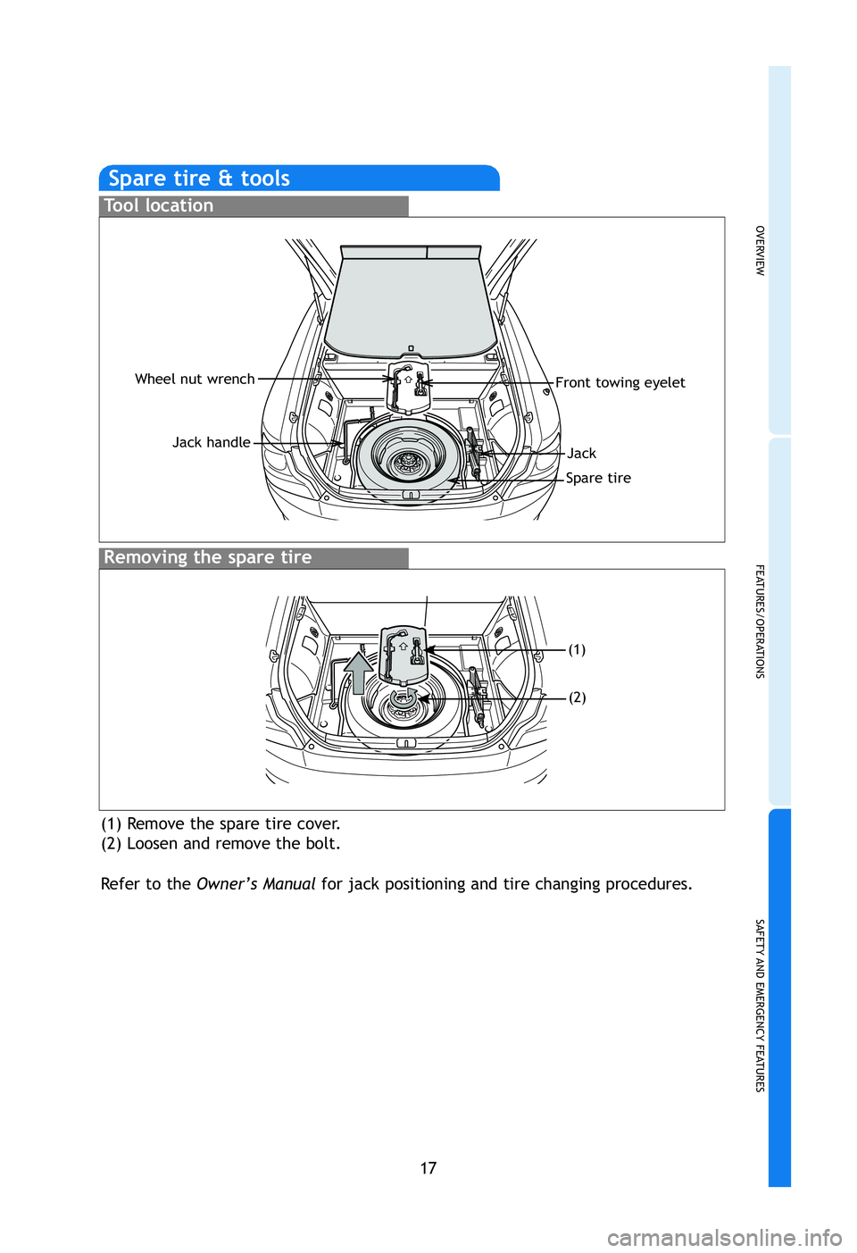 TOYOTA tC 2012  Owners Manual (in English) OVERVIEW
FEATURES/OPERATIONS
SAFETY AND EMERGENCY FEATURES
17
rn
ator
on s
ld
s
st
Spare tire & tools
Tool location
Removing the spare tire 
(1) Remove the spare tire cover.
(2) Loosen and remove the 