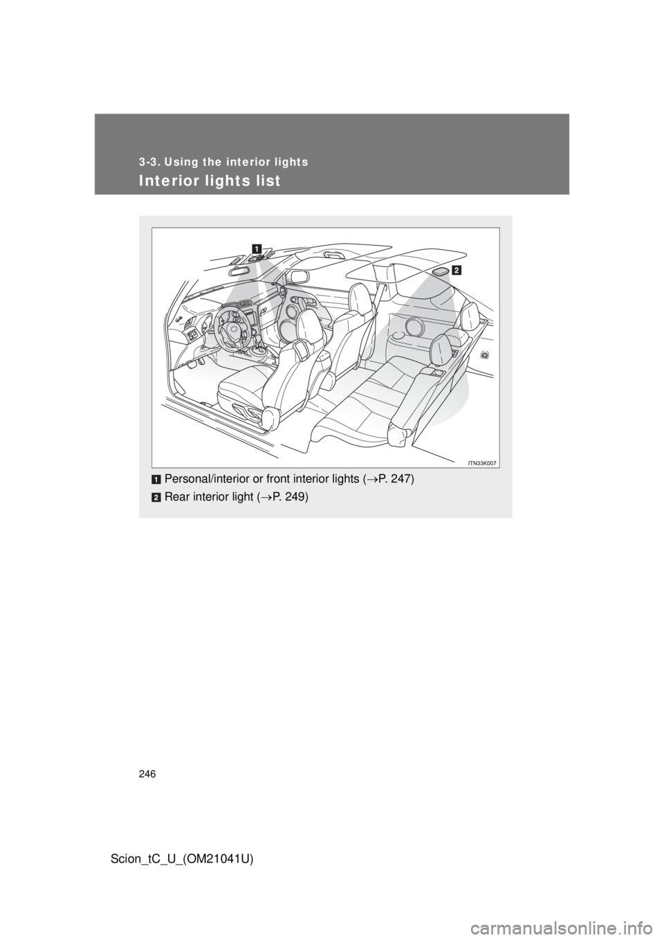 TOYOTA tC 2012  Owners Manual (in English) 246
Scion_tC_U_(OM21041U)
3-3. Using the interior lights
Interior lights list
Personal/interior or front interior lights (P. 247)
Rear interior light ( P. 249) 