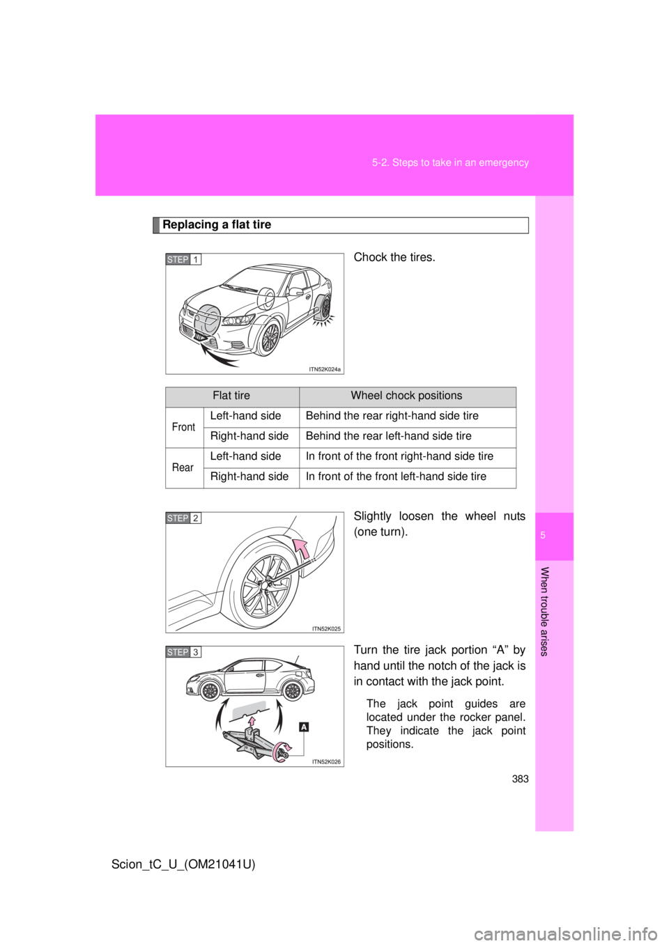 TOYOTA tC 2012  Owners Manual (in English) 5
When trouble arises
383
5-2. Steps to take in an emergency
Scion_tC_U_(OM21041U)
Replacing a flat tire
Chock the tires.
Slightly loosen the wheel nuts 
(one turn).
Turn the tire jack portion “A”
