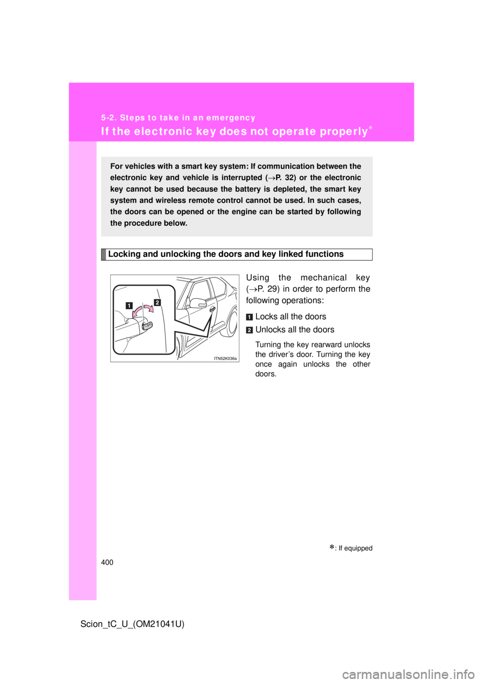 TOYOTA tC 2012  Owners Manual (in English) 400
5-2. Steps to take in an emergency
Scion_tC_U_(OM21041U)
If the electronic key does not operate properly
Locking and unlocking the door s and key linked functions
Using the mechanical key
( 