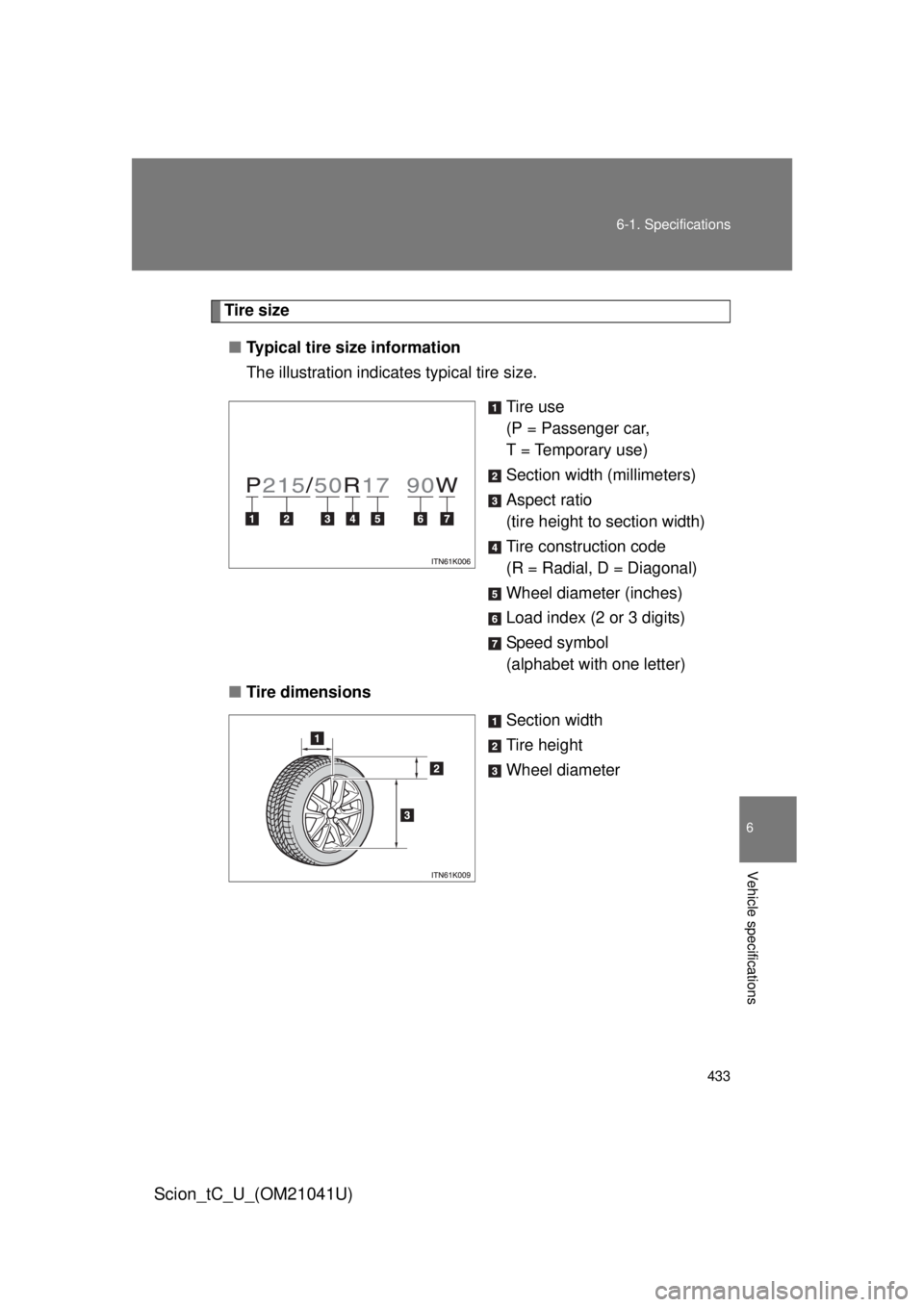 TOYOTA tC 2012  Owners Manual (in English) 433
6-1. Specifications
6
Vehicle specifications
Scion_tC_U_(OM21041U)
Tire size
■ Typical tire size information
The illustration indicates typical tire size.
Tire use
(P = Passenger car,  
T 