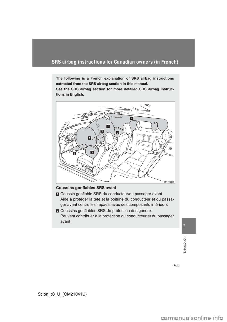 TOYOTA tC 2012  Owners Manual (in English) 453
7
For owners
Scion_tC_U_(OM21041U)
SRS airbag instructions for Canadian owners (in French) 