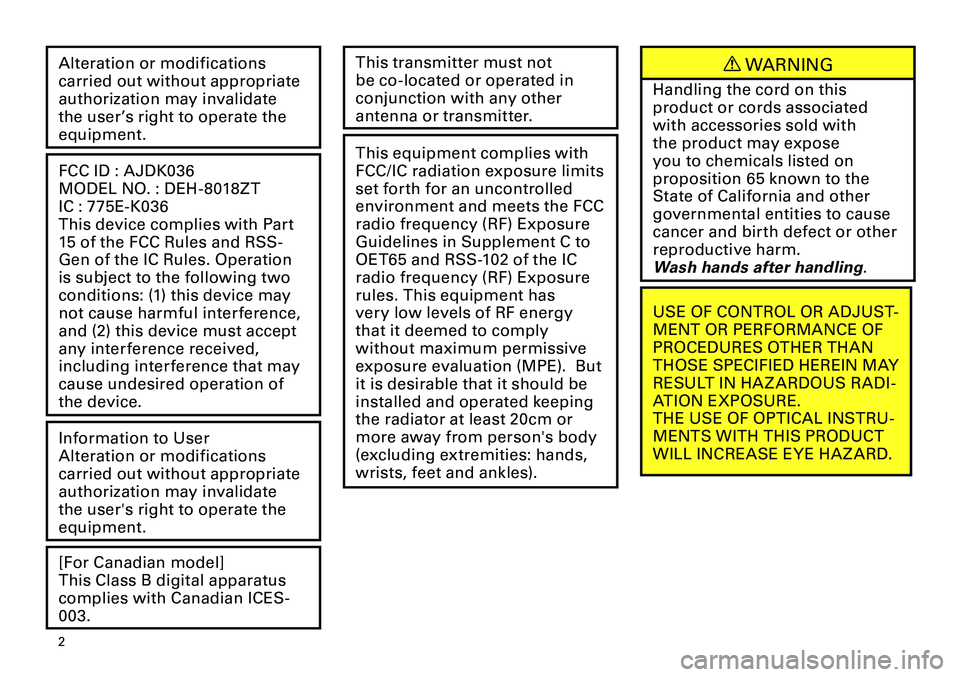 TOYOTA tC 2012  Accessories, Audio & Navigation (in English) 

<CRB3644-A/U>

Alteration or modifications 
carried out without appropriate 
authorization may invalidate 
the user’s right to operate the 
equipment.
FCC ID : AJDK036
MODEL NO. : DEH-80