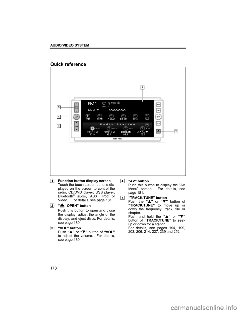 TOYOTA tC 2012  Accessories, Audio & Navigation (in English) AUDIO/VIDEO SYSTEM 
178 
V573_E 
 
 
 
 
 
  Function button display screen  Touch the touch screen buttons dis-
played on the screen to control the 
radio, CD/DVD player, USB player, 
Bluetooth
® au