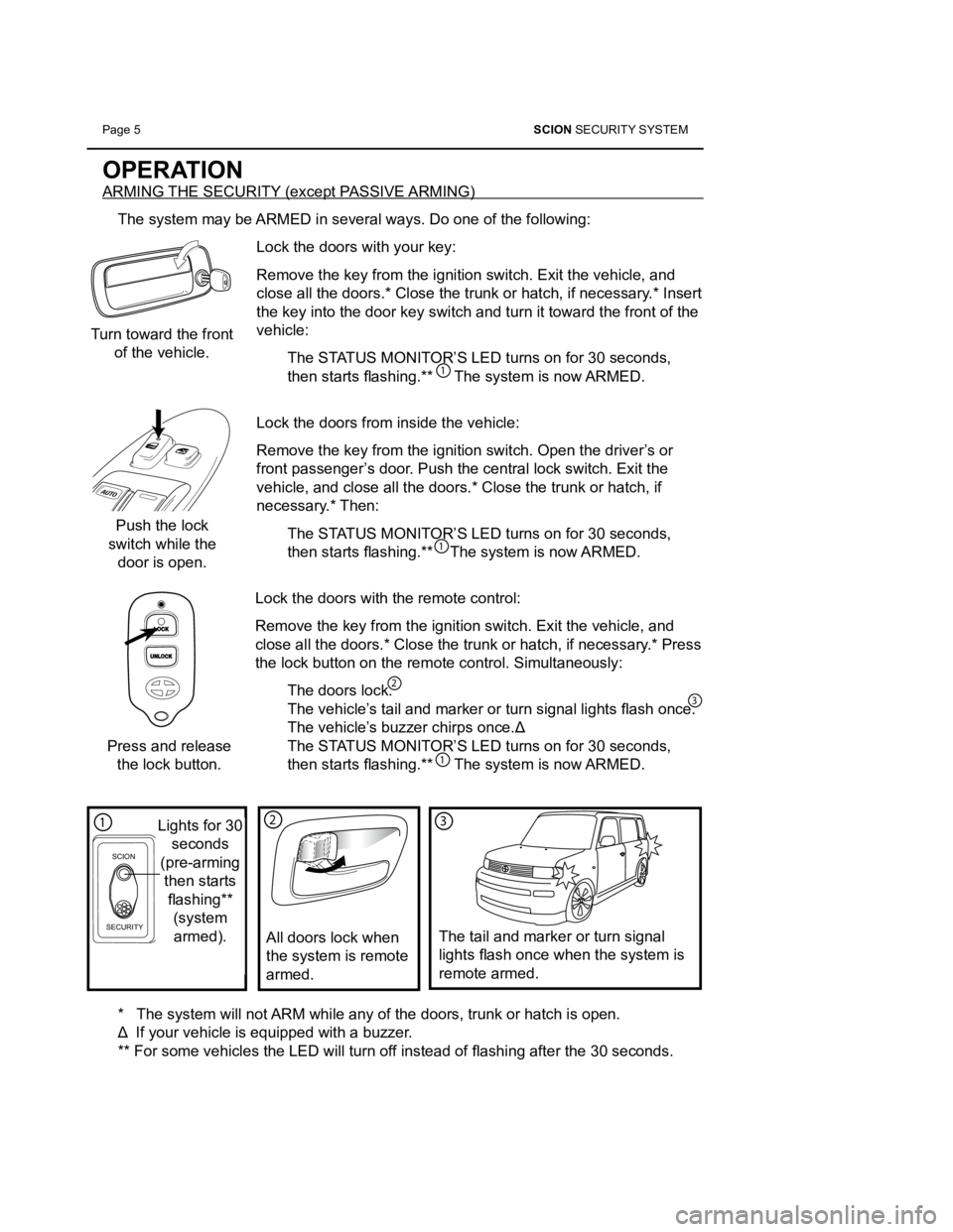 TOYOTA tC 2012  Accessories, Audio & Navigation (in English) Page 5 SCION SECURITY SYSTEM 
OPERATION
ARMING THE SECURITY (except PASSIVE ARMING)
The system may be ARMED in several ways. Do one of the following: Lock the doors with your key: 
Remove the key from