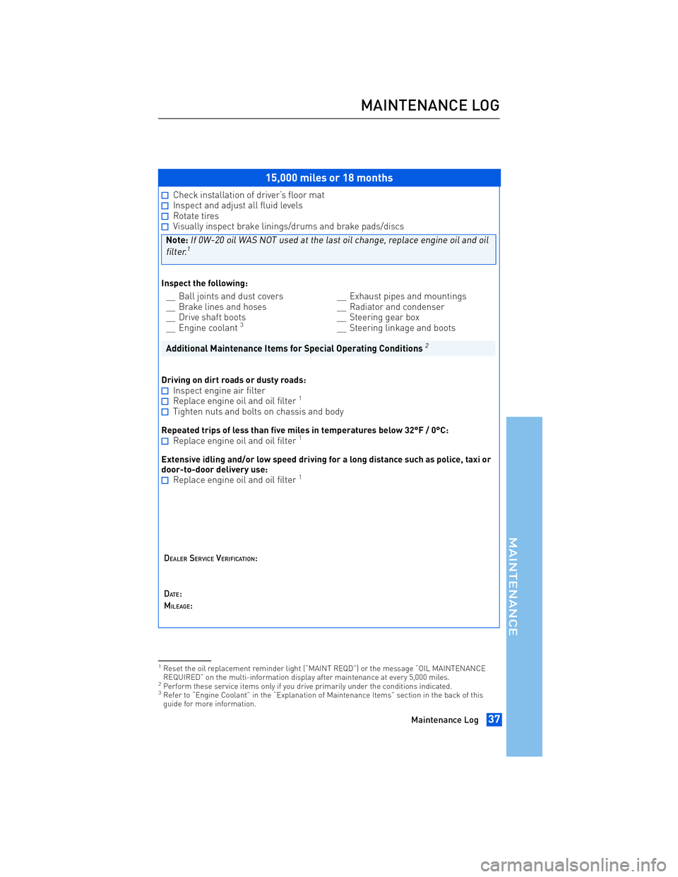TOYOTA tC 2012 Warranties & Maintenance Guides (in English) JOBNAME: 934373-2012-stc-toyw PAGE: 37 SESS: 12 OUTPUT: Thu Apr 14 14:28:37 2011
/tweddle/toyota/sched-maint/934373-en-stc/wg
15,000 miles or 18 months
Check installation of driver’s floor matInspe TOYOTA tC 2012 Warranties & Maintenance Guides (in English) JOBNAME: 934373-2012-stc-toyw PAGE: 37 SESS: 12 OUTPUT: Thu Apr 14 14:28:37 2011
/tweddle/toyota/sched-maint/934373-en-stc/wg
15,000 miles or 18 months
Check installation of driver’s floor matInspe