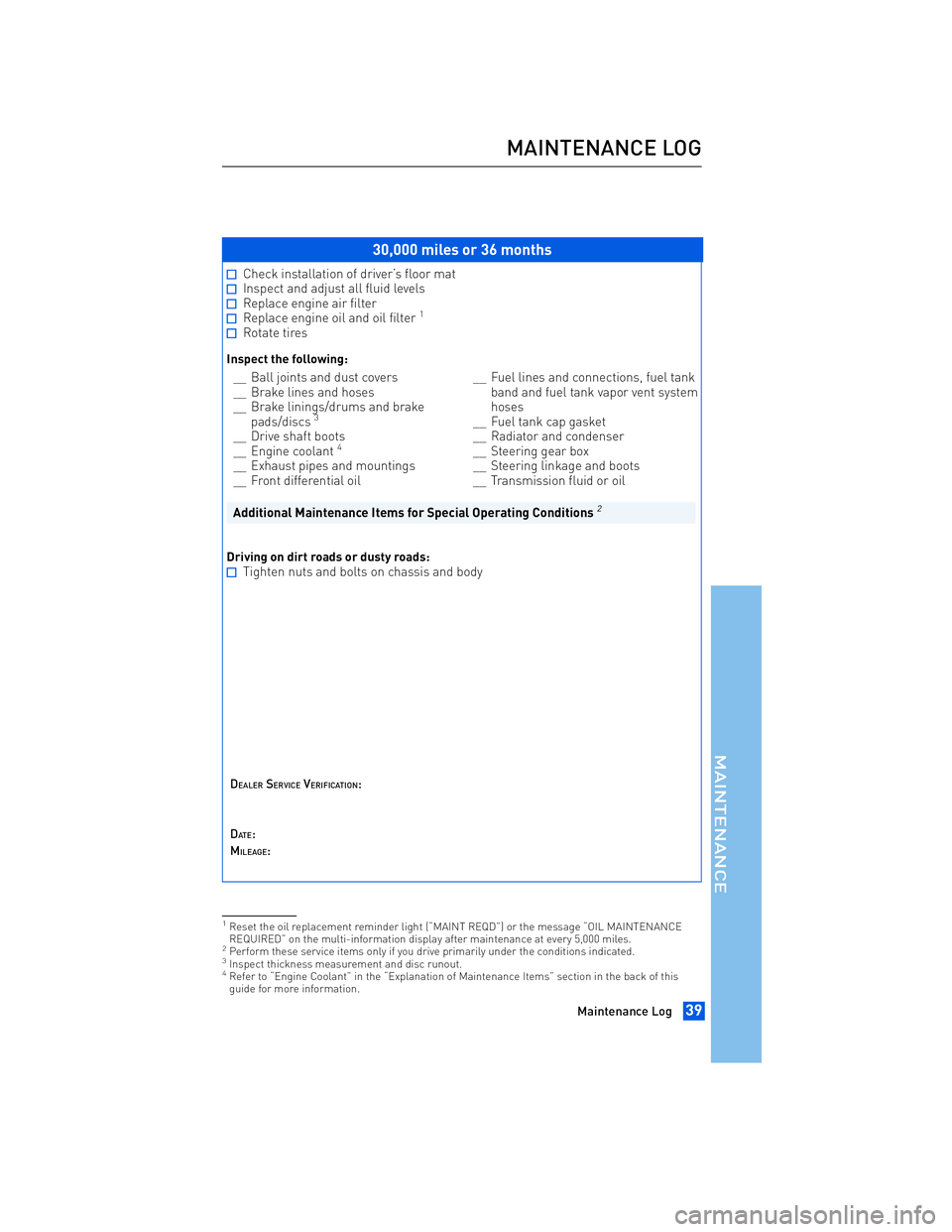 TOYOTA tC 2012 Warranties & Maintenance Guides (in English) JOBNAME: 934373-2012-stc-toyw PAGE: 39 SESS: 12 OUTPUT: Thu Apr 14 14:28:37 2011
/tweddle/toyota/sched-maint/934373-en-stc/wg
30,000 miles or 36 months
Check installation of driver’s floor matInspe TOYOTA tC 2012 Warranties & Maintenance Guides (in English) JOBNAME: 934373-2012-stc-toyw PAGE: 39 SESS: 12 OUTPUT: Thu Apr 14 14:28:37 2011
/tweddle/toyota/sched-maint/934373-en-stc/wg
30,000 miles or 36 months
Check installation of driver’s floor matInspe