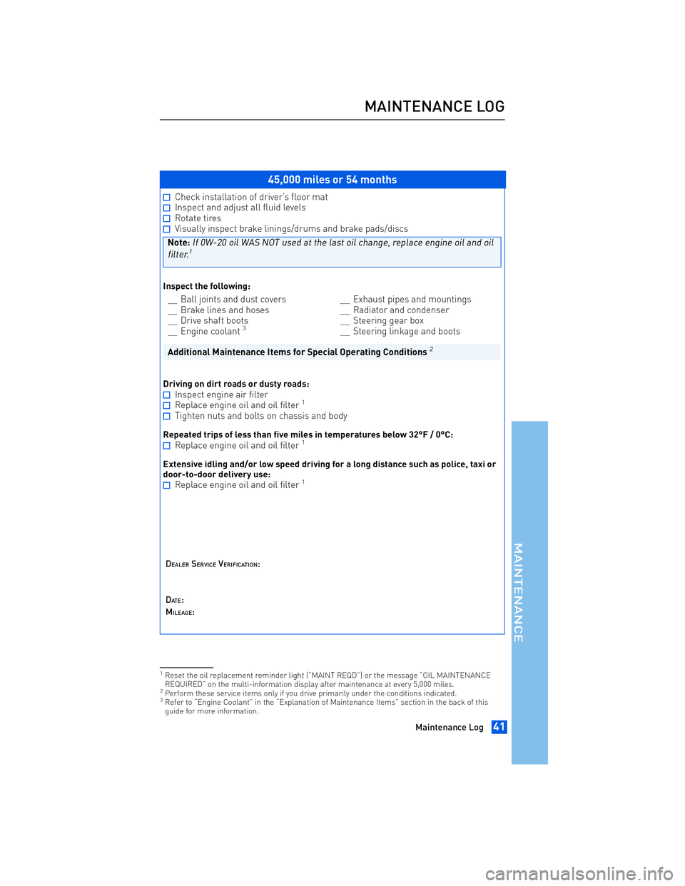 TOYOTA tC 2012 Warranties & Maintenance Guides (in English) JOBNAME: 934373-2012-stc-toyw PAGE: 41 SESS: 12 OUTPUT: Thu Apr 14 14:28:37 2011
/tweddle/toyota/sched-maint/934373-en-stc/wg
45,000 miles or 54 months
Check installation of driver’s floor matInspe TOYOTA tC 2012 Warranties & Maintenance Guides (in English) JOBNAME: 934373-2012-stc-toyw PAGE: 41 SESS: 12 OUTPUT: Thu Apr 14 14:28:37 2011
/tweddle/toyota/sched-maint/934373-en-stc/wg
45,000 miles or 54 months
Check installation of driver’s floor matInspe