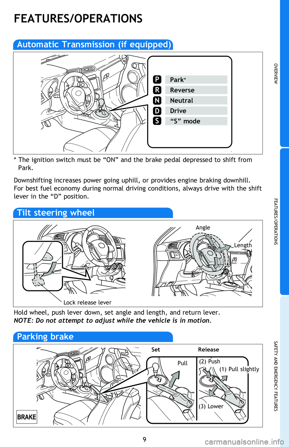 TOYOTA tC 2013 (in English) User Guide OVERVIEW
FEATURES/OPERATIONS
SAFETY AND EMERGENCY FEATURES
9
FEATURES/OPERATIONS
Automatic Transmission (if equipped)
Park*
Reverse
Neutral
Drive
N
“S” mode
* The ignition switch must be “ON TOYOTA tC 2013 (in English) User Guide OVERVIEW
FEATURES/OPERATIONS
SAFETY AND EMERGENCY FEATURES
9
FEATURES/OPERATIONS
Automatic Transmission (if equipped)
Park*
Reverse
Neutral
Drive
N
“S” mode
* The ignition switch must be “ON