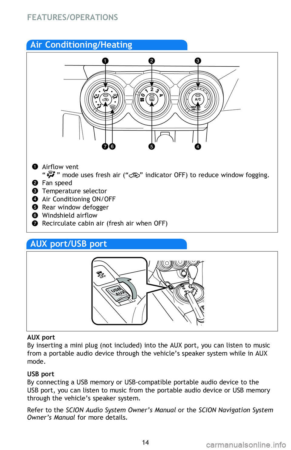 TOYOTA tC 2013 (in English) User Guide 14
Air Conditioning/Heating
Airflow vent
“ ” mode uses fresh air (“ ” indicator OFF) to reduce window fogging.
Fan speed
Temperature selector
Air Conditioning ON/OFF
Rear window defog TOYOTA tC 2013 (in English) User Guide 14
Air Conditioning/Heating
Airflow vent
“ ” mode uses fresh air (“ ” indicator OFF) to reduce window fogging.
Fan speed
Temperature selector
Air Conditioning ON/OFF
Rear window defog