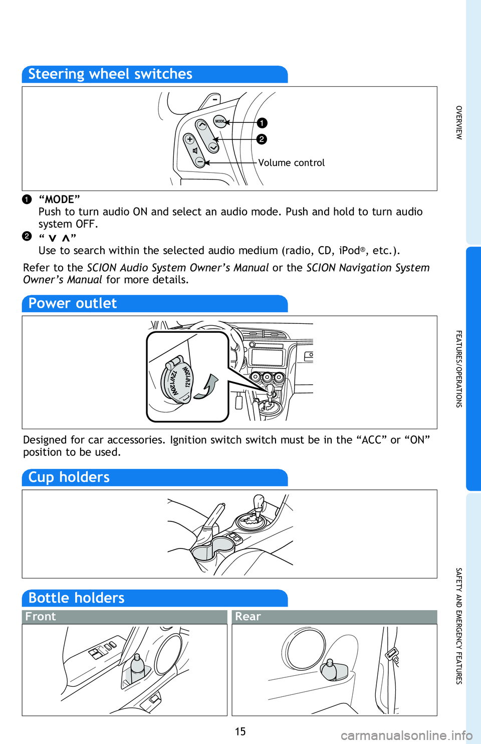 TOYOTA tC 2013 (in English) User Guide OVERVIEW
FEATURES/OPERATIONS
SAFETY AND EMERGENCY FEATURES
15
Airflow vent
Fan speed
Temperature selector
Air Conditioning ON/OFF
Rear window defogger
Windshield airflow
Recirculate cabin air (fresh TOYOTA tC 2013 (in English) User Guide OVERVIEW
FEATURES/OPERATIONS
SAFETY AND EMERGENCY FEATURES
15
Airflow vent
Fan speed
Temperature selector
Air Conditioning ON/OFF
Rear window defogger
Windshield airflow
Recirculate cabin air (fresh
