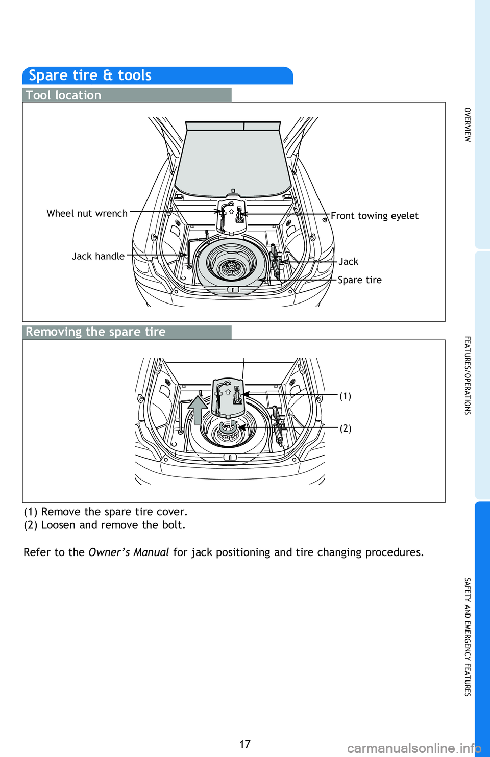 TOYOTA tC 2013 (in English) User Guide OVERVIEW
FEATURES/OPERATIONS
SAFETY AND EMERGENCY FEATURES
17
the ignition switch to “ON” and press and hold the “
initialization to complete.
Refer to the load label on the door jamb or the TOYOTA tC 2013 (in English) User Guide OVERVIEW
FEATURES/OPERATIONS
SAFETY AND EMERGENCY FEATURES
17
the ignition switch to “ON” and press and hold the “
initialization to complete.
Refer to the load label on the door jamb or the