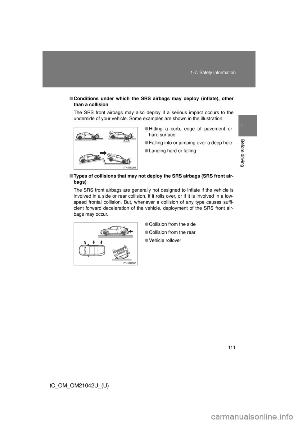 TOYOTA tC 2013 Owners Manual (in English) 111
1-7. Safety information
1
Before driving
tC_OM_OM21042U_(U)
■
Conditions under which the SRS airbags may deploy (inflate), other
than a collision
The SRS front airbags may also deploy if a seri TOYOTA tC 2013 Owners Manual (in English) 111
1-7. Safety information
1
Before driving
tC_OM_OM21042U_(U)
■
Conditions under which the SRS airbags may deploy (inflate), other
than a collision
The SRS front airbags may also deploy if a seri