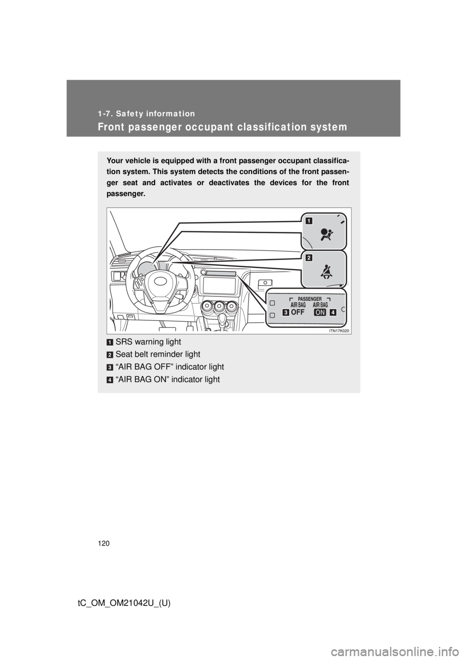 TOYOTA tC 2013 Owners Manual (in English) 120
1-7. Safety information
tC_OM_OM21042U_(U)
Front passenger occupant classification system
Your vehicle is equipped with a front passenger occupant classifica-
tion system. This system detects the TOYOTA tC 2013 Owners Manual (in English) 120
1-7. Safety information
tC_OM_OM21042U_(U)
Front passenger occupant classification system
Your vehicle is equipped with a front passenger occupant classifica-
tion system. This system detects the