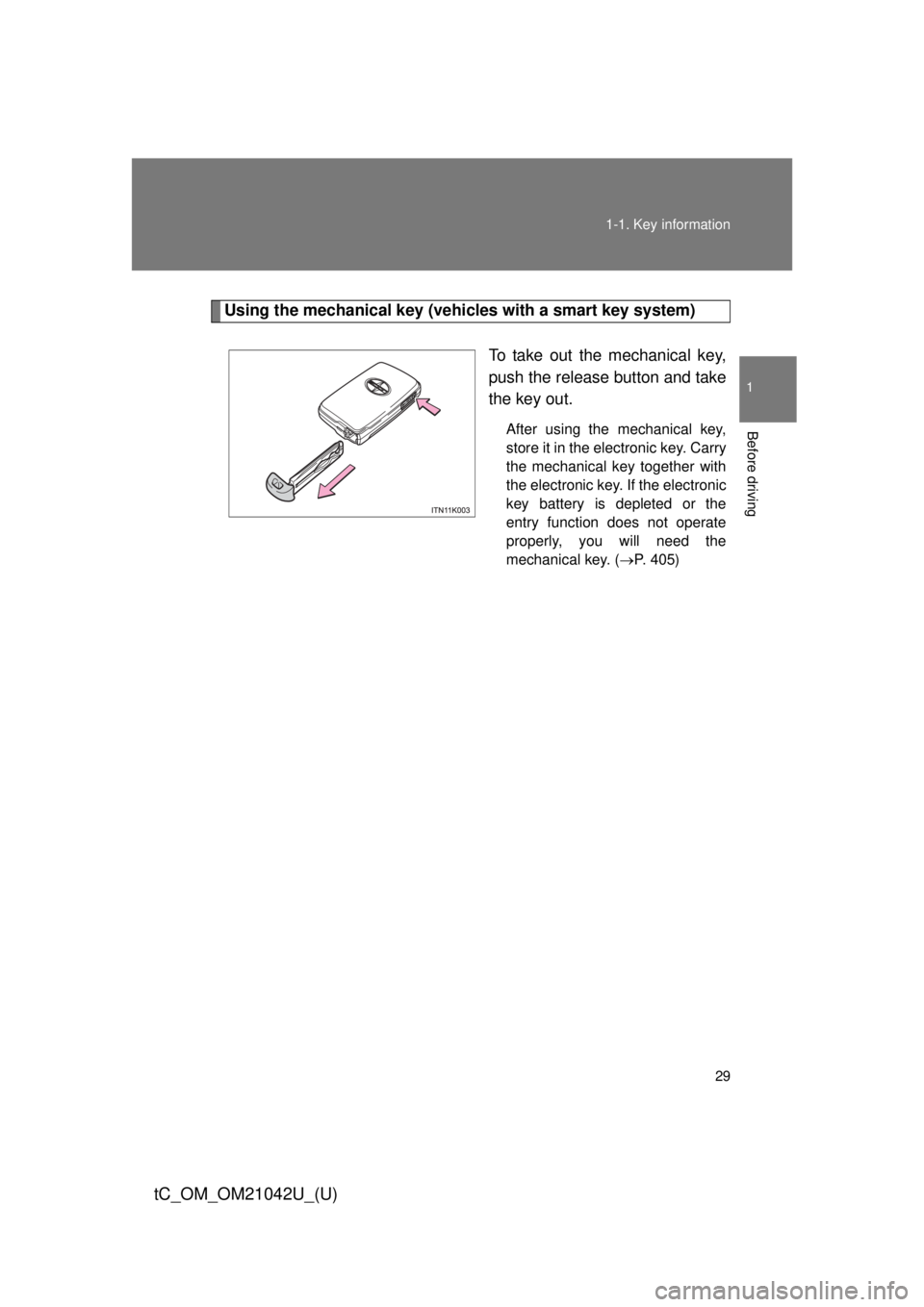 TOYOTA tC 2013 (in English) Owners Manual 29
1-1. Key information
1
Before driving
tC_OM_OM21042U_(U)
Using the mechanical key (vehicles with a smart key system)
To take out the mechanical key,
push the release button and take
the key out.
TOYOTA tC 2013 (in English) Owners Manual 29
1-1. Key information
1
Before driving
tC_OM_OM21042U_(U)
Using the mechanical key (vehicles with a smart key system)
To take out the mechanical key,
push the release button and take
the key out.