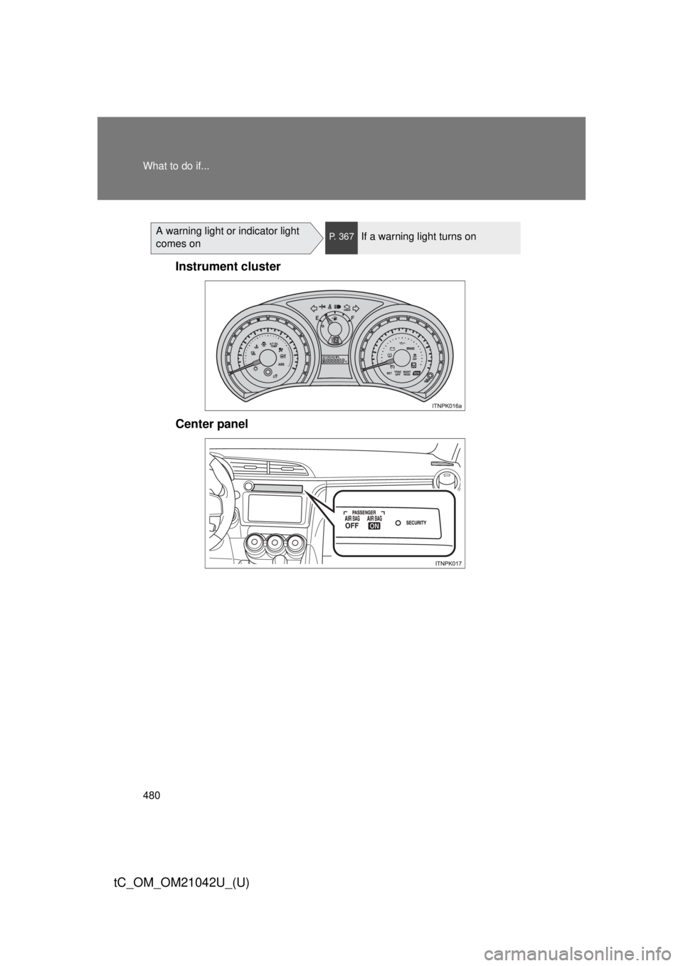 TOYOTA tC 2013 Owners Manual (in English) 480 What to do if...
tC_OM_OM21042U_(U)
A warning light or indicator light
comes onP. 367If a warning light turns on
Instrument cluster
Center panel TOYOTA tC 2013 Owners Manual (in English) 480 What to do if...
tC_OM_OM21042U_(U)
A warning light or indicator light
comes onP. 367If a warning light turns on
Instrument cluster
Center panel