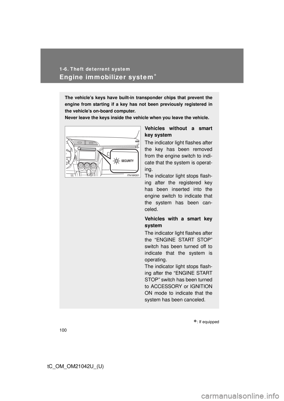 TOYOTA tC 2013 Owners Manual (in English) 100
tC_OM_OM21042U_(U)
1-6. Theft deterrent system
Engine immobilizer system
: If equipped
The vehicle’s keys have built-in transponder chips that prevent the
engine from starting if a key ha TOYOTA tC 2013 Owners Manual (in English) 100
tC_OM_OM21042U_(U)
1-6. Theft deterrent system
Engine immobilizer system
: If equipped
The vehicle’s keys have built-in transponder chips that prevent the
engine from starting if a key ha