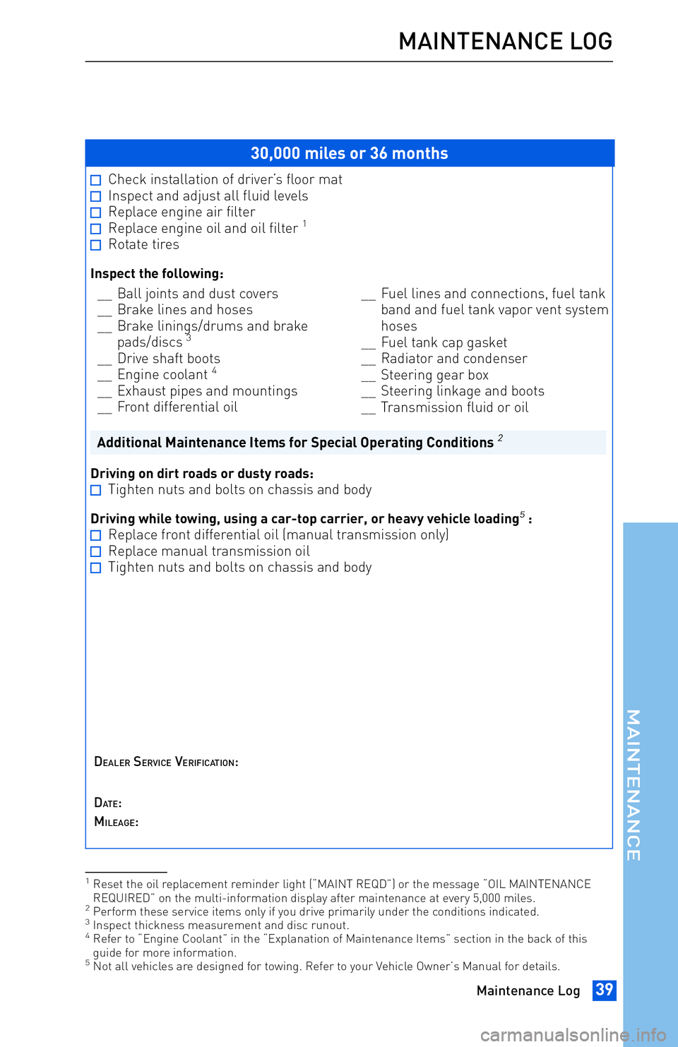 TOYOTA tC 2013 Warranties & Maintenance Guides (in English) JOBNAME: 1139964-2013-Sciontc PAGE: 39 SESS: 13 OUTPUT: Tue May 8 11:14:05 2012
/tweddle/toyota/sched-maint/1139964-en-stc/wg
30,000 miles or 36 months
Check installation of driver’s floor matInspec TOYOTA tC 2013 Warranties & Maintenance Guides (in English) JOBNAME: 1139964-2013-Sciontc PAGE: 39 SESS: 13 OUTPUT: Tue May 8 11:14:05 2012
/tweddle/toyota/sched-maint/1139964-en-stc/wg
30,000 miles or 36 months
Check installation of driver’s floor matInspec