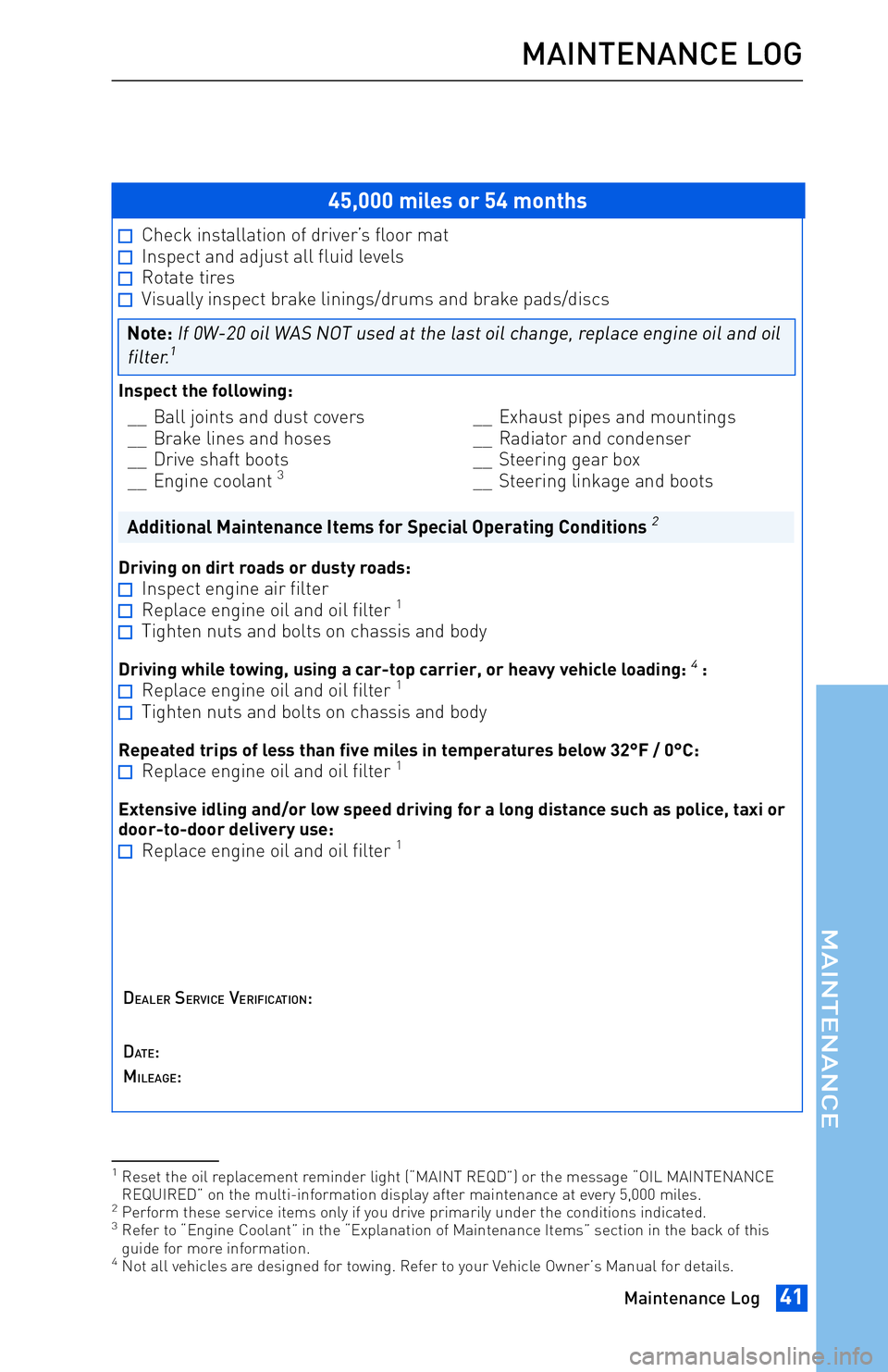 TOYOTA tC 2013 Warranties & Maintenance Guides (in English) JOBNAME: 1139964-2013-Sciontc PAGE: 41 SESS: 13 OUTPUT: Tue May 8 11:14:05 2012
/tweddle/toyota/sched-maint/1139964-en-stc/wg
45,000 miles or 54 months
Check installation of driver’s floor matInspec TOYOTA tC 2013 Warranties & Maintenance Guides (in English) JOBNAME: 1139964-2013-Sciontc PAGE: 41 SESS: 13 OUTPUT: Tue May 8 11:14:05 2012
/tweddle/toyota/sched-maint/1139964-en-stc/wg
45,000 miles or 54 months
Check installation of driver’s floor matInspec