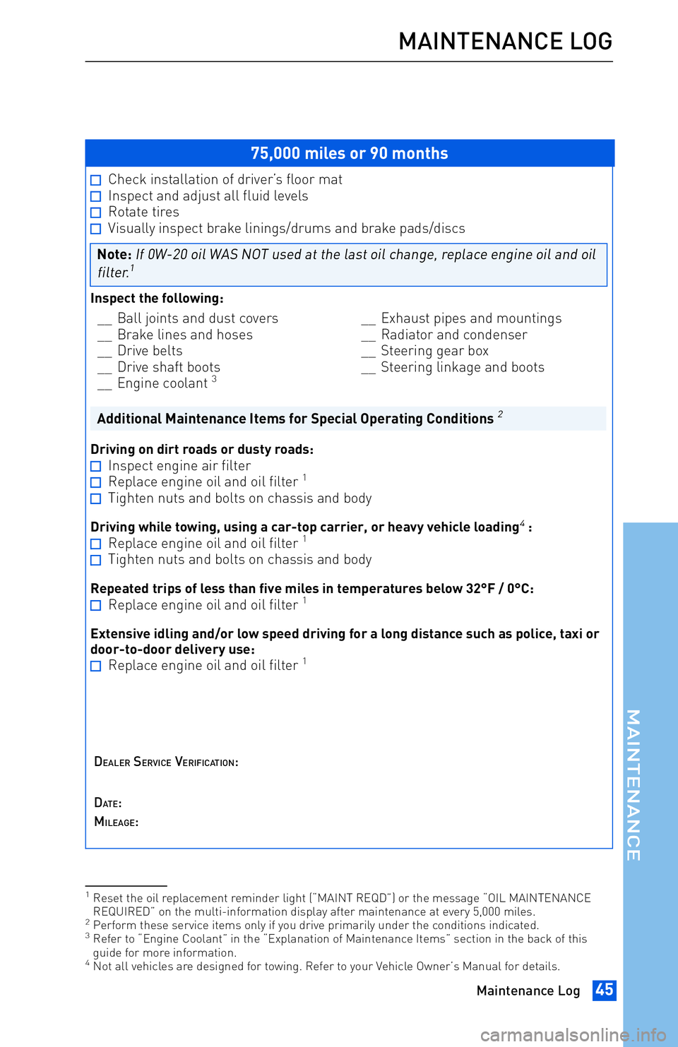 TOYOTA tC 2013 Warranties & Maintenance Guides (in English) JOBNAME: 1139964-2013-Sciontc PAGE: 45 SESS: 13 OUTPUT: Tue May 8 11:14:05 2012
/tweddle/toyota/sched-maint/1139964-en-stc/wg
75,000 miles or 90 months
Check installation of driver’s floor matInspec TOYOTA tC 2013 Warranties & Maintenance Guides (in English) JOBNAME: 1139964-2013-Sciontc PAGE: 45 SESS: 13 OUTPUT: Tue May 8 11:14:05 2012
/tweddle/toyota/sched-maint/1139964-en-stc/wg
75,000 miles or 90 months
Check installation of driver’s floor matInspec