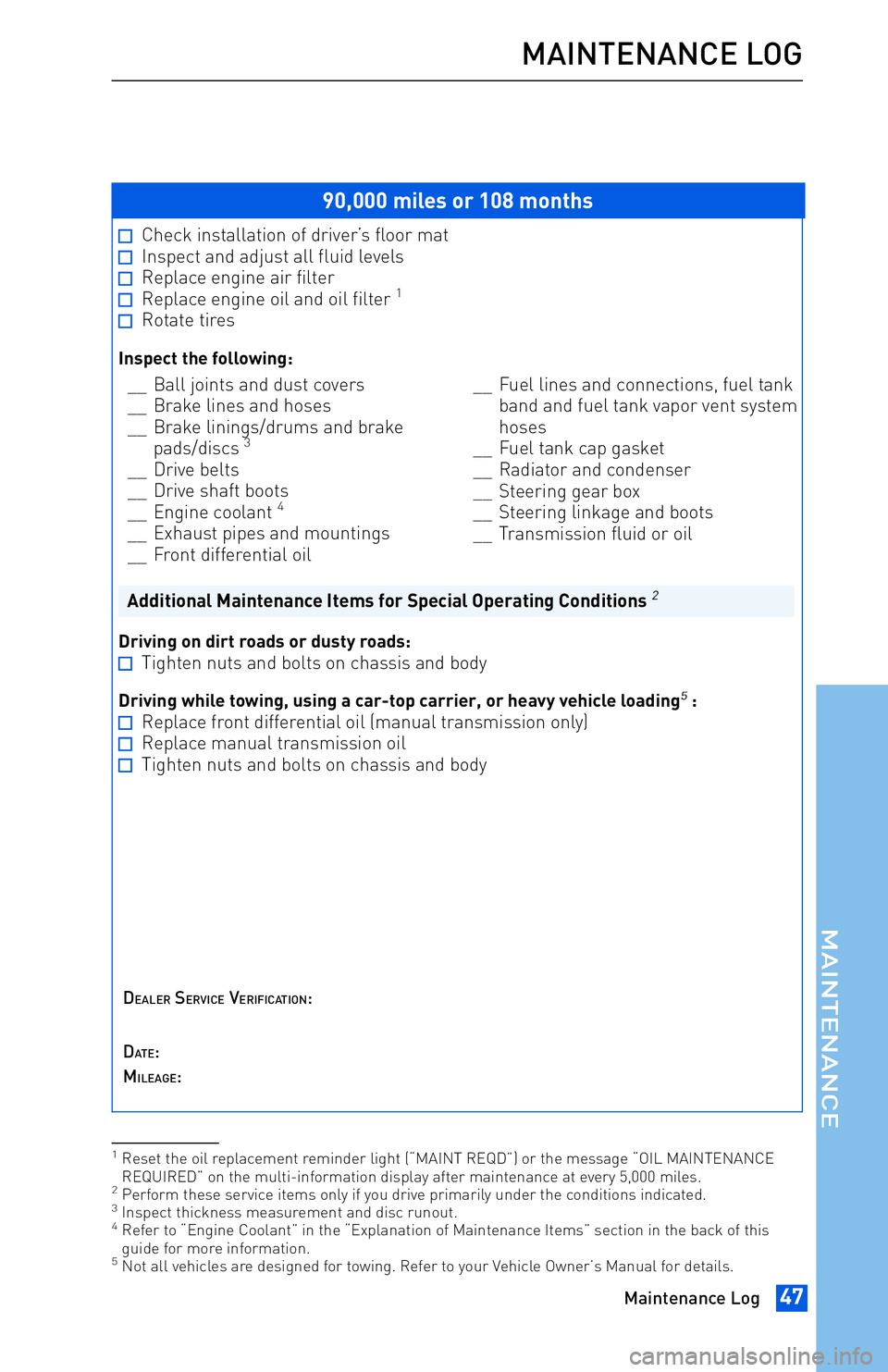 TOYOTA tC 2013 Warranties & Maintenance Guides (in English) JOBNAME: 1139964-2013-Sciontc PAGE: 47 SESS: 13 OUTPUT: Tue May 8 11:14:05 2012
/tweddle/toyota/sched-maint/1139964-en-stc/wg
90,000 miles or 108 months
Check installation of driver’s floor matInspe TOYOTA tC 2013 Warranties & Maintenance Guides (in English) JOBNAME: 1139964-2013-Sciontc PAGE: 47 SESS: 13 OUTPUT: Tue May 8 11:14:05 2012
/tweddle/toyota/sched-maint/1139964-en-stc/wg
90,000 miles or 108 months
Check installation of driver’s floor matInspe