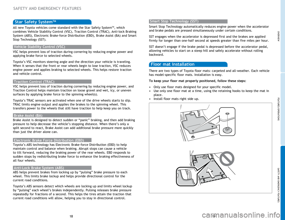 TOYOTA tC 2014   (in English) User Guide OVERVIEW
FEATURES/OPERATIONS
SAFETY AND EMERGENCY FEATURES
19
18
Star Safety SystemTM
VSC helps prevent loss of traction during cornering by reducing engine power and 
applying brake force to selected