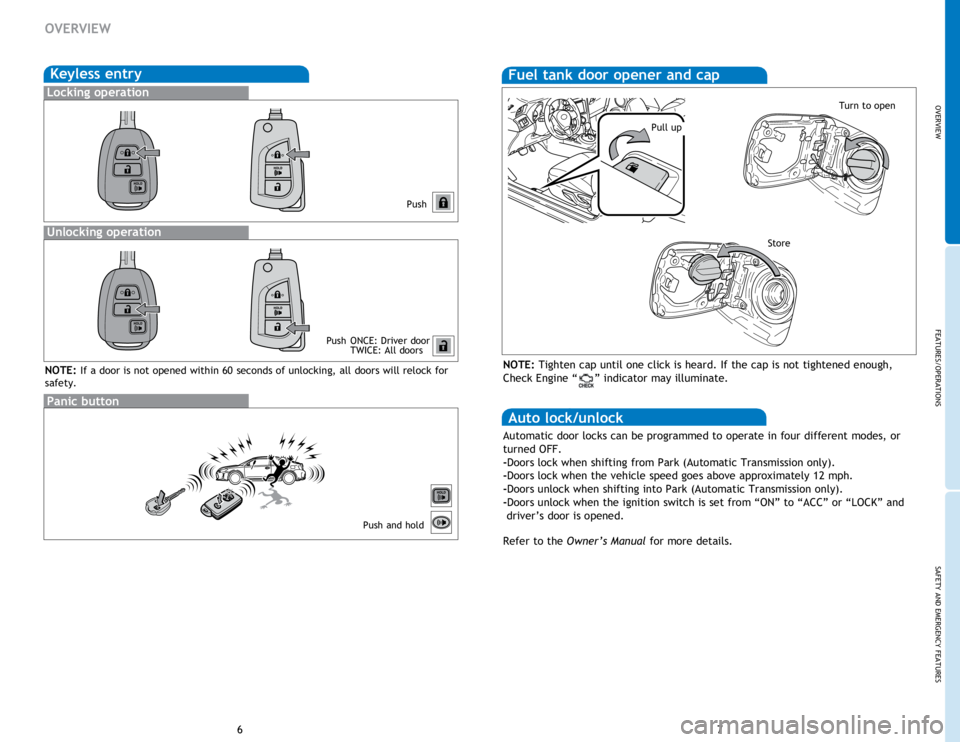 TOYOTA tC 2014 Owners Manual (in English) OVERVIEW
FEATURES/OPERATIONS
SAFETY AND EMERGENCY FEATURES
67
OVERVIEW
Keyless entry
Push
Push ONCE: Driver door
TWICE: All doors
Locking operation
Unlocking operation
Panic button
Push and hold
NO TOYOTA tC 2014 Owners Manual (in English) OVERVIEW
FEATURES/OPERATIONS
SAFETY AND EMERGENCY FEATURES
67
OVERVIEW
Keyless entry
Push
Push ONCE: Driver door
TWICE: All doors
Locking operation
Unlocking operation
Panic button
Push and hold
NO