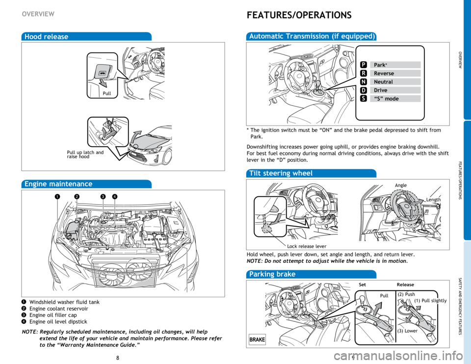 TOYOTA tC 2014 Owners Manual (in English) OVERVIEW
FEATURES/OPERATIONS
SAFETY AND EMERGENCY FEATURES
89
FEATURES/OPERATIONS
Automatic Transmission (if equipped)
Park*
Reverse
Neutral
Drive
P
R
N
D
N
“S” mode
* The ignition switch must be TOYOTA tC 2014 Owners Manual (in English) OVERVIEW
FEATURES/OPERATIONS
SAFETY AND EMERGENCY FEATURES
89
FEATURES/OPERATIONS
Automatic Transmission (if equipped)
Park*
Reverse
Neutral
Drive
P
R
N
D
N
“S” mode
* The ignition switch must be