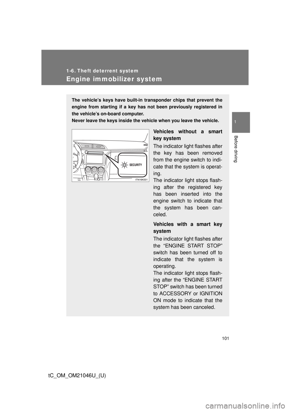 TOYOTA tC 2014  Owners Manual (in English) 101
1
Before driving
tC_OM_OM21046U_(U)
1-6. Theft deterrent system
Engine immobilizer system
The vehicle’s keys have built-in transponder chips that prevent the
engine from starting if a key has  n