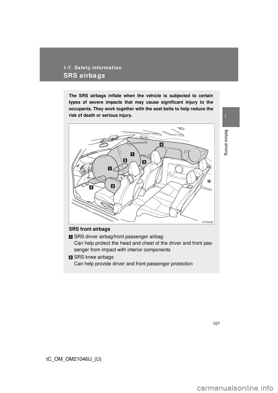 TOYOTA tC 2014  Owners Manual (in English) 107
1
1-7. Safety information
Before driving
tC_OM_OM21046U_(U)
SRS airbags
The SRS airbags inflate when the vehicle is subjected to certain
types of severe impacts that may  cause significant injury 
