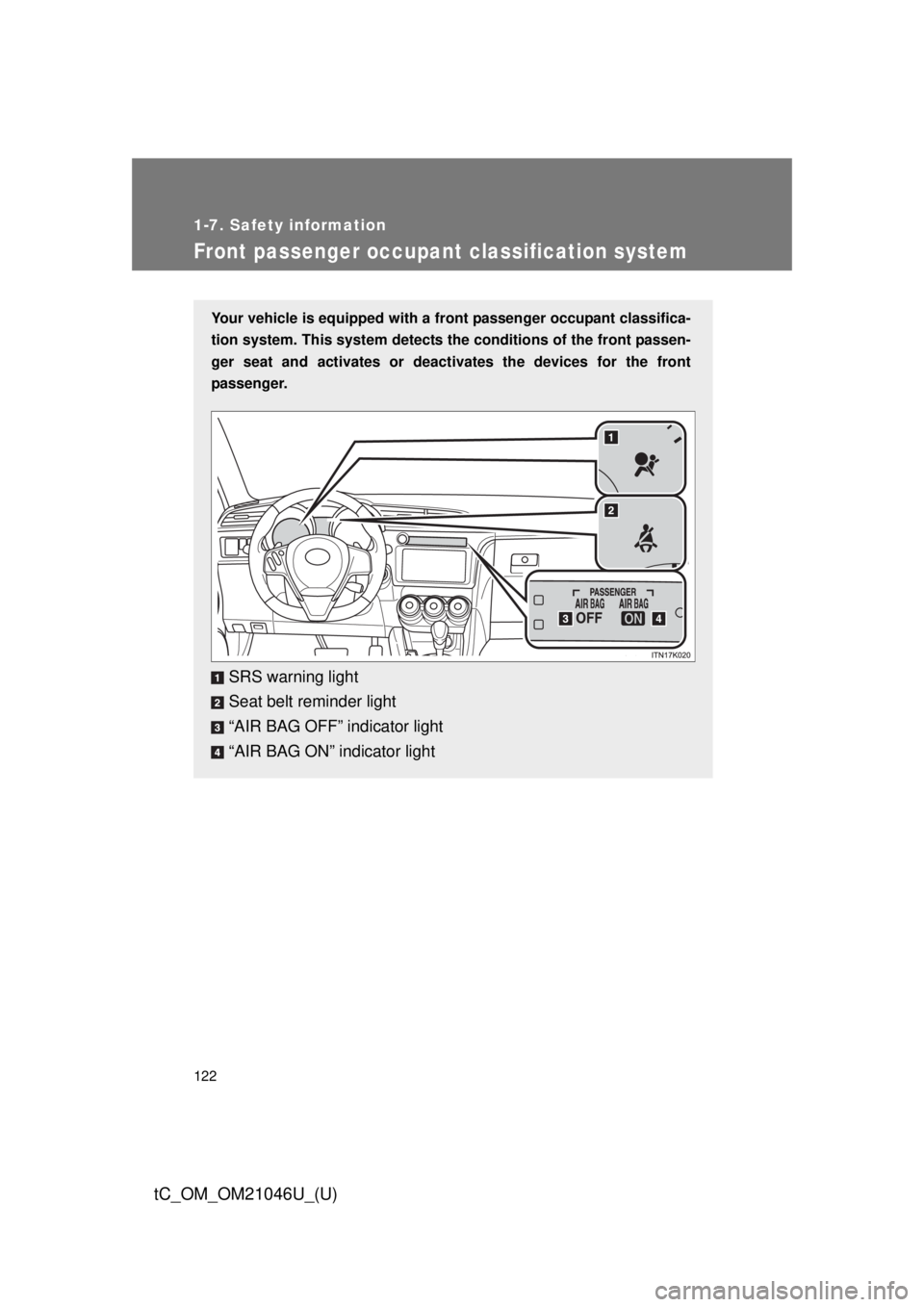 TOYOTA tC 2014 Owners Manual (in English) 122
1-7. Safety information
tC_OM_OM21046U_(U)
Front passenger occupant classification system
Your vehicle is equipped with a front passenger occupant classifica-
tion system. This system detects the TOYOTA tC 2014 Owners Manual (in English) 122
1-7. Safety information
tC_OM_OM21046U_(U)
Front passenger occupant classification system
Your vehicle is equipped with a front passenger occupant classifica-
tion system. This system detects the