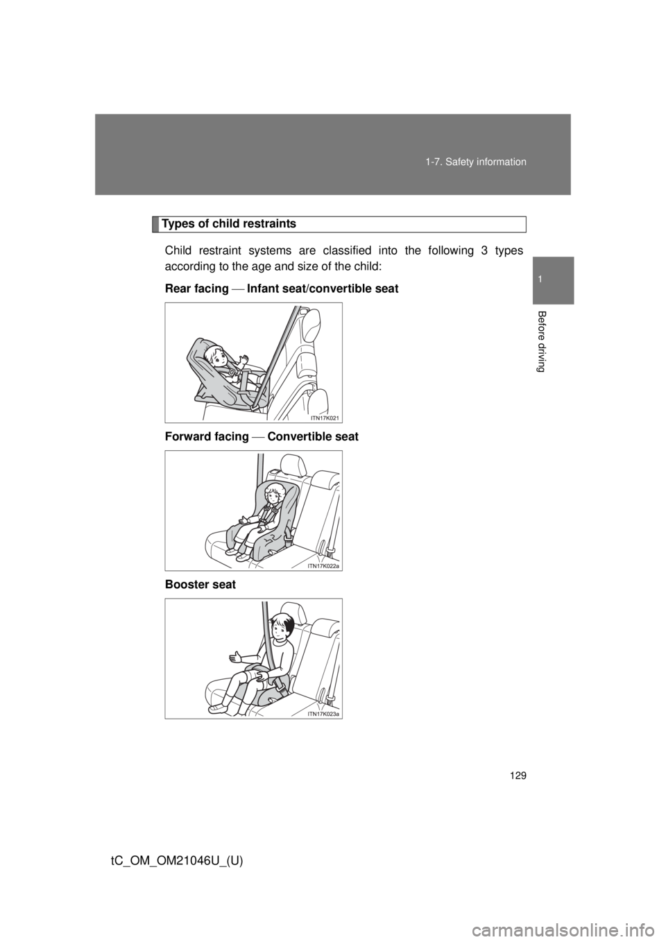TOYOTA tC 2014 Owners Manual (in English) 129
1-7. Safety information
1
Before driving
tC_OM_OM21046U_(U)
Types of child restraints
Child restraint systems are classi fied into the following 3 types
according to the age and size of the child: TOYOTA tC 2014 Owners Manual (in English) 129
1-7. Safety information
1
Before driving
tC_OM_OM21046U_(U)
Types of child restraints
Child restraint systems are classi fied into the following 3 types
according to the age and size of the child:
