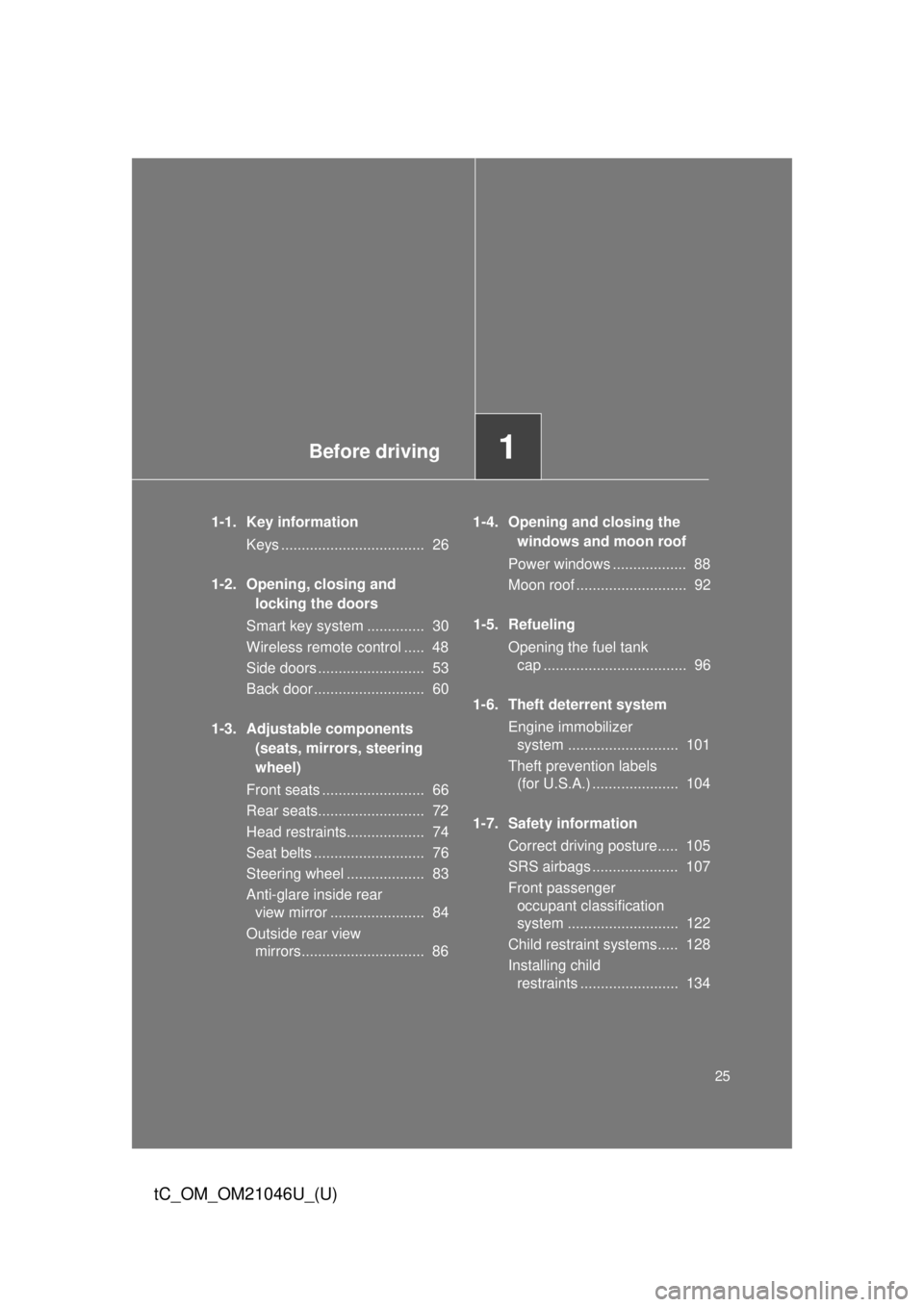 TOYOTA tC 2014 (in English) Owners Manual Before driving1
25
tC_OM_OM21046U_(U)
1-1. Key informationKeys ................................... 26
1-2. Opening, closing and locking the doors
Smart key system .............. 30
Wireless remote TOYOTA tC 2014 (in English) Owners Manual Before driving1
25
tC_OM_OM21046U_(U)
1-1. Key informationKeys ................................... 26
1-2. Opening, closing and locking the doors
Smart key system .............. 30
Wireless remote