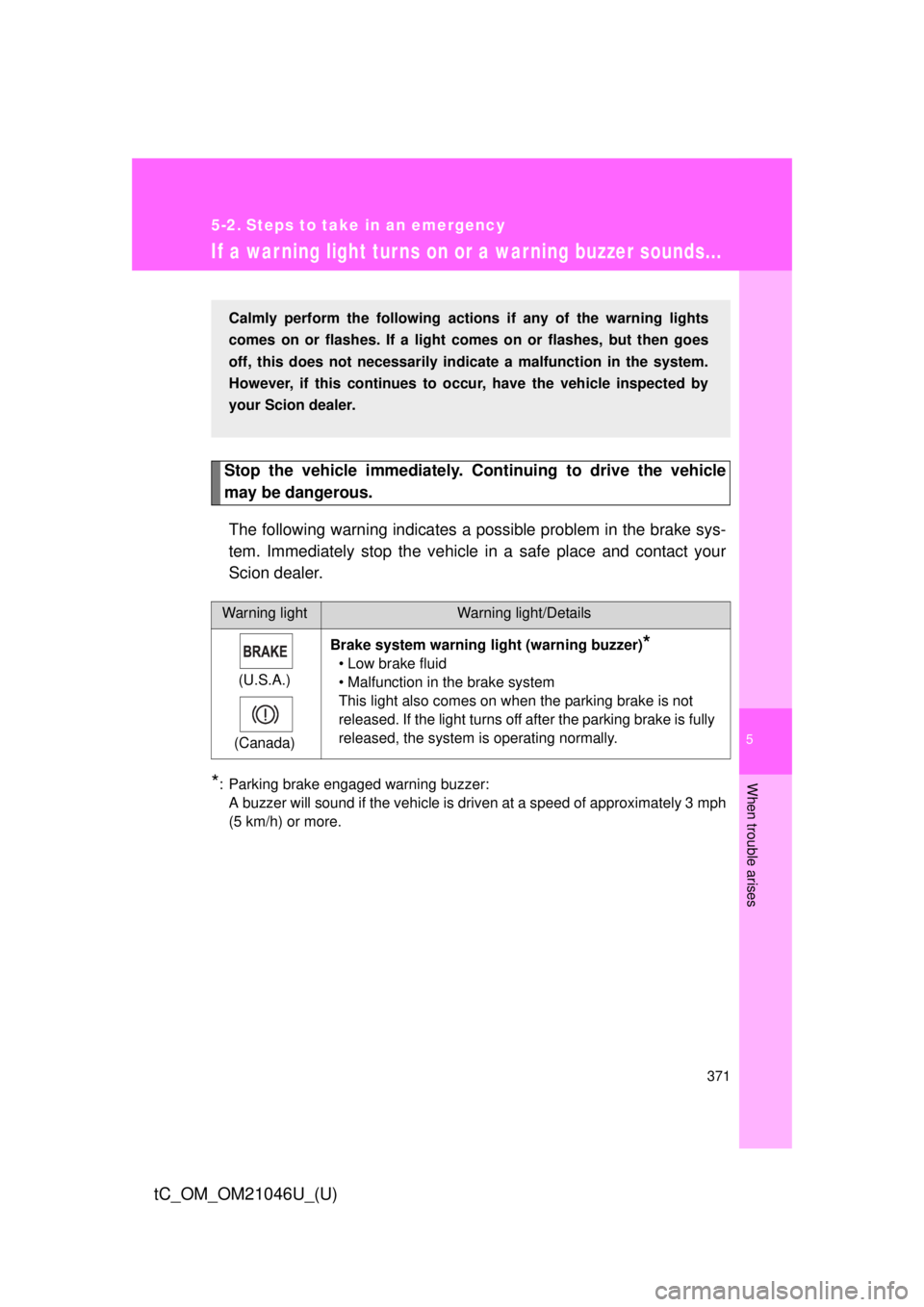 TOYOTA tC 2014 Owners Manual (in English) 5
When trouble arises
371
tC_OM_OM21046U_(U)
5-2. Steps to take in an emergency
If a war ning light turns on or a war ning buzzer sounds...
Stop the vehicle immediately. Continuing to drive the vehicl TOYOTA tC 2014 Owners Manual (in English) 5
When trouble arises
371
tC_OM_OM21046U_(U)
5-2. Steps to take in an emergency
If a war ning light turns on or a war ning buzzer sounds...
Stop the vehicle immediately. Continuing to drive the vehicl