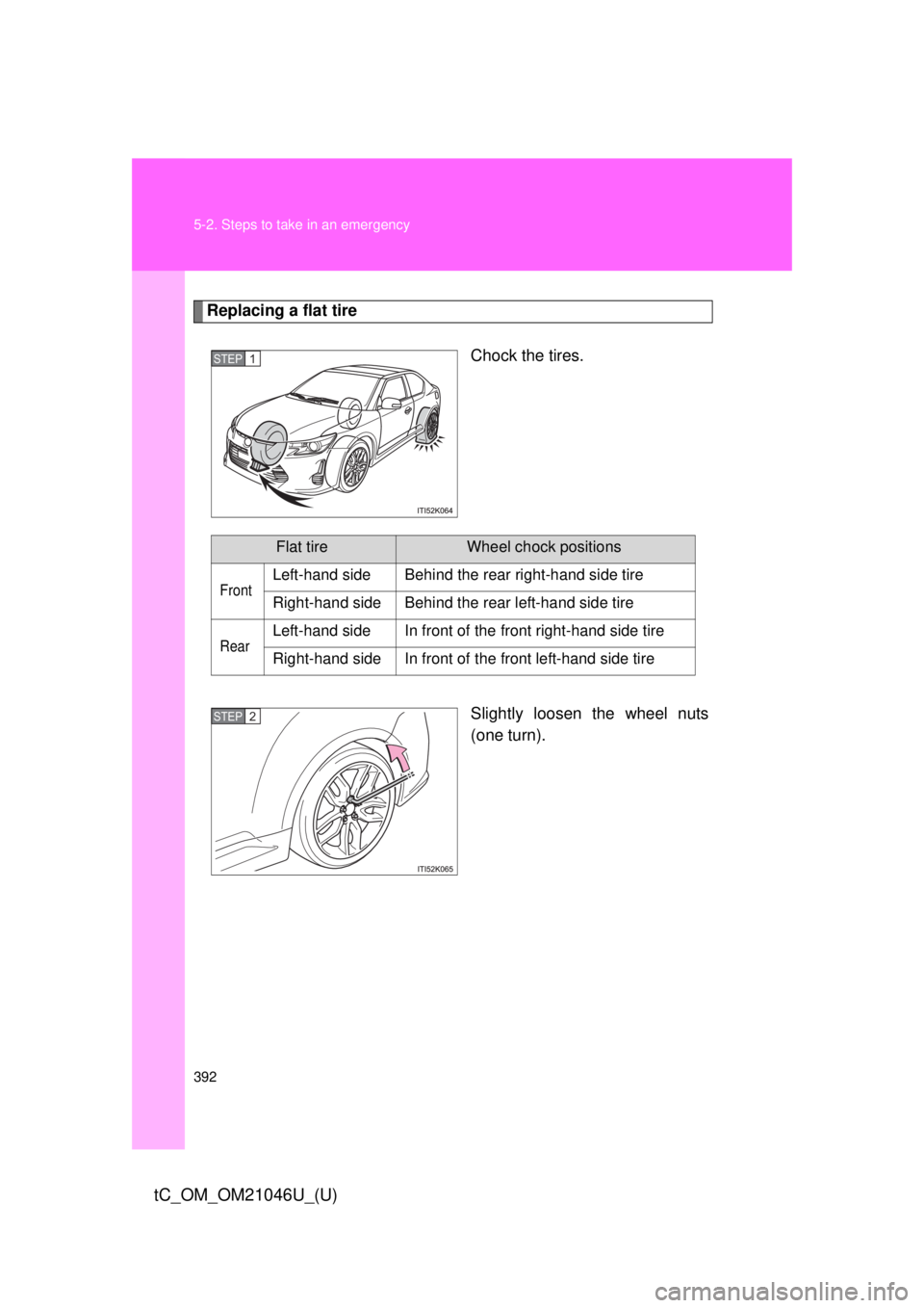 TOYOTA tC 2014  Owners Manual (in English) 392 5-2. Steps to take in an emergency
tC_OM_OM21046U_(U)
Replacing a flat tireChock the tires.
Slightly loosen the wheel nuts
(one turn).
STEP 1 
Flat tireWheel chock positions
FrontLeft-hand side Be