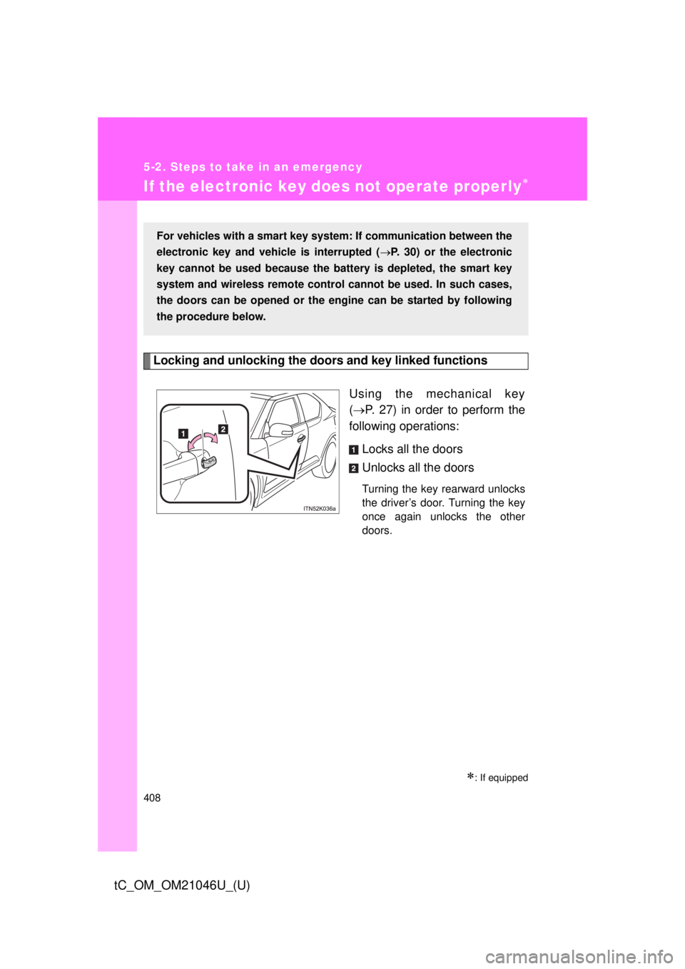 TOYOTA tC 2014  Owners Manual (in English) 408
5-2. Steps to take in an emergency
tC_OM_OM21046U_(U)
If the electronic key does not operate properly
Locking and unlocking the door s and key linked functions
Using the mechanical key
( P. 