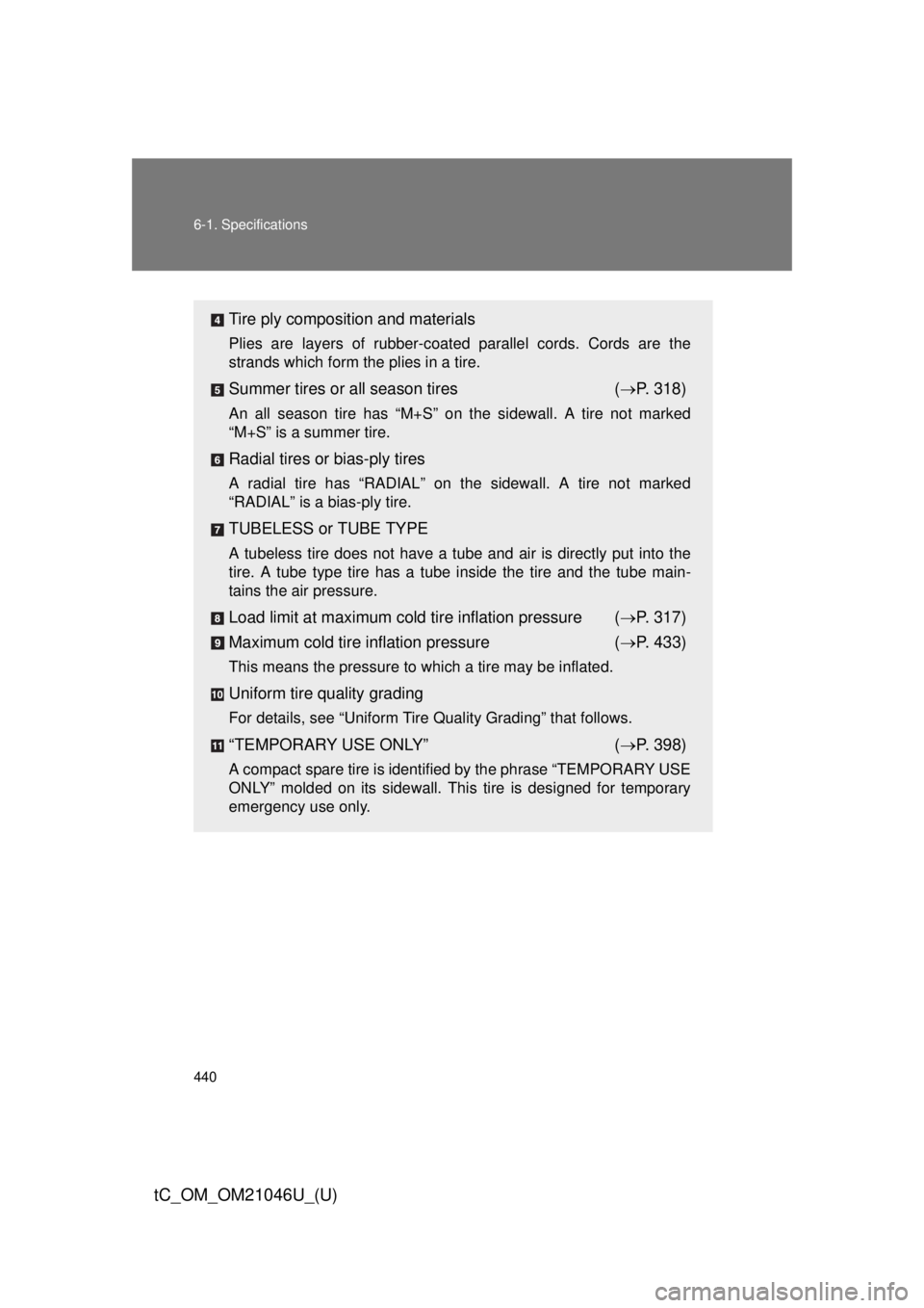TOYOTA tC 2014 Owners Manual (in English) 440 6-1. Specifications
tC_OM_OM21046U_(U)
Tire ply composition and materials
Plies are layers of rubber-coated parallel cords. Cords are the
strands which form the plies in a tire.
Summer tires or al TOYOTA tC 2014 Owners Manual (in English) 440 6-1. Specifications
tC_OM_OM21046U_(U)
Tire ply composition and materials
Plies are layers of rubber-coated parallel cords. Cords are the
strands which form the plies in a tire.
Summer tires or al