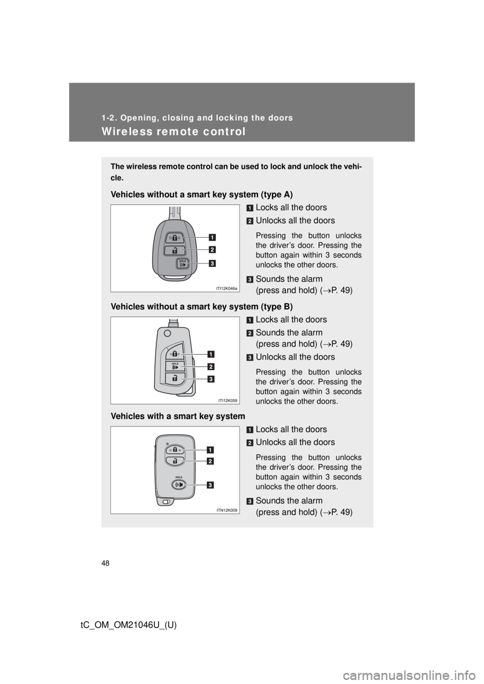 TOYOTA tC 2014 (in English) Service Manual 48
1-2. Opening, closing and locking the doors
tC_OM_OM21046U_(U)
Wireless remote control
The wireless remote control can be used to lock and unlock the vehi-
cle.
Vehicles without a smart key system TOYOTA tC 2014 (in English) Service Manual 48
1-2. Opening, closing and locking the doors
tC_OM_OM21046U_(U)
Wireless remote control
The wireless remote control can be used to lock and unlock the vehi-
cle.
Vehicles without a smart key system