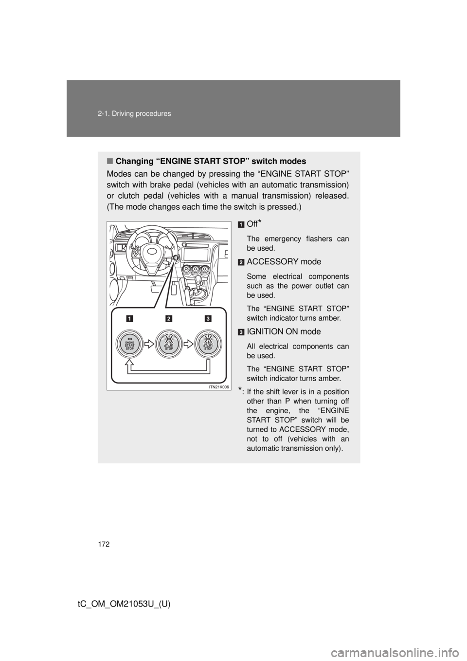 TOYOTA tC 2014 Owners Manual (in English) 172 2-1. Driving procedures
tC_OM_OM21053U_(U)
■Changing “ENGINE START STOP” switch modes
Modes can be changed by pressing the “ENGINE START STOP”
switch with brake pedal (vehicles with an a TOYOTA tC 2014 Owners Manual (in English) 172 2-1. Driving procedures
tC_OM_OM21053U_(U)
■Changing “ENGINE START STOP” switch modes
Modes can be changed by pressing the “ENGINE START STOP”
switch with brake pedal (vehicles with an a