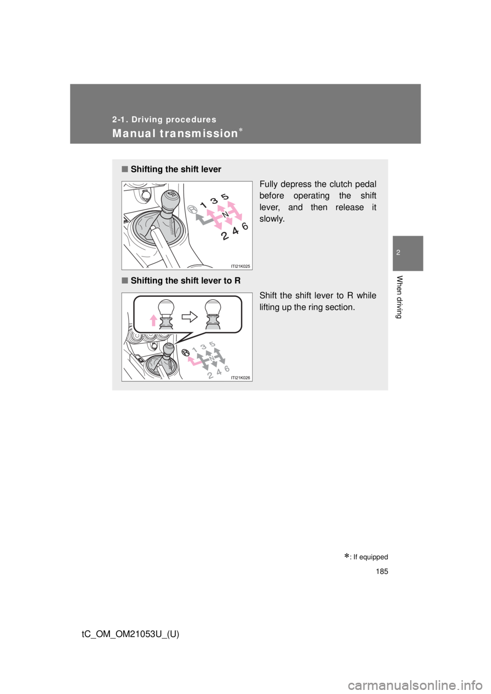 TOYOTA tC 2014  Owners Manual (in English) 185
2-1. Driving procedures
2
When driving
tC_OM_OM21053U_(U)
Manual transmission
: If equipped
■Shifting the shift lever
Fully depress the clutch pedal
before operating the shift
lever, and t
