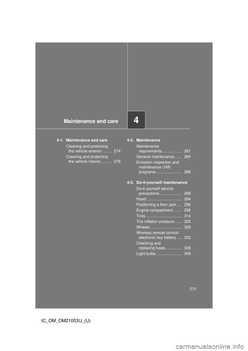TOYOTA tC 2014 Owners Manual (in English) Maintenance and care4
273
tC_OM_OM21053U_(U)
4-1. Maintenance and care
Cleaning and protecting
the vehicle exterior......... 274
Cleaning and protecting
the vehicle interior.......... 2784-2. Main TOYOTA tC 2014 Owners Manual (in English) Maintenance and care4
273
tC_OM_OM21053U_(U)
4-1. Maintenance and care
Cleaning and protecting
the vehicle exterior......... 274
Cleaning and protecting
the vehicle interior.......... 2784-2. Main