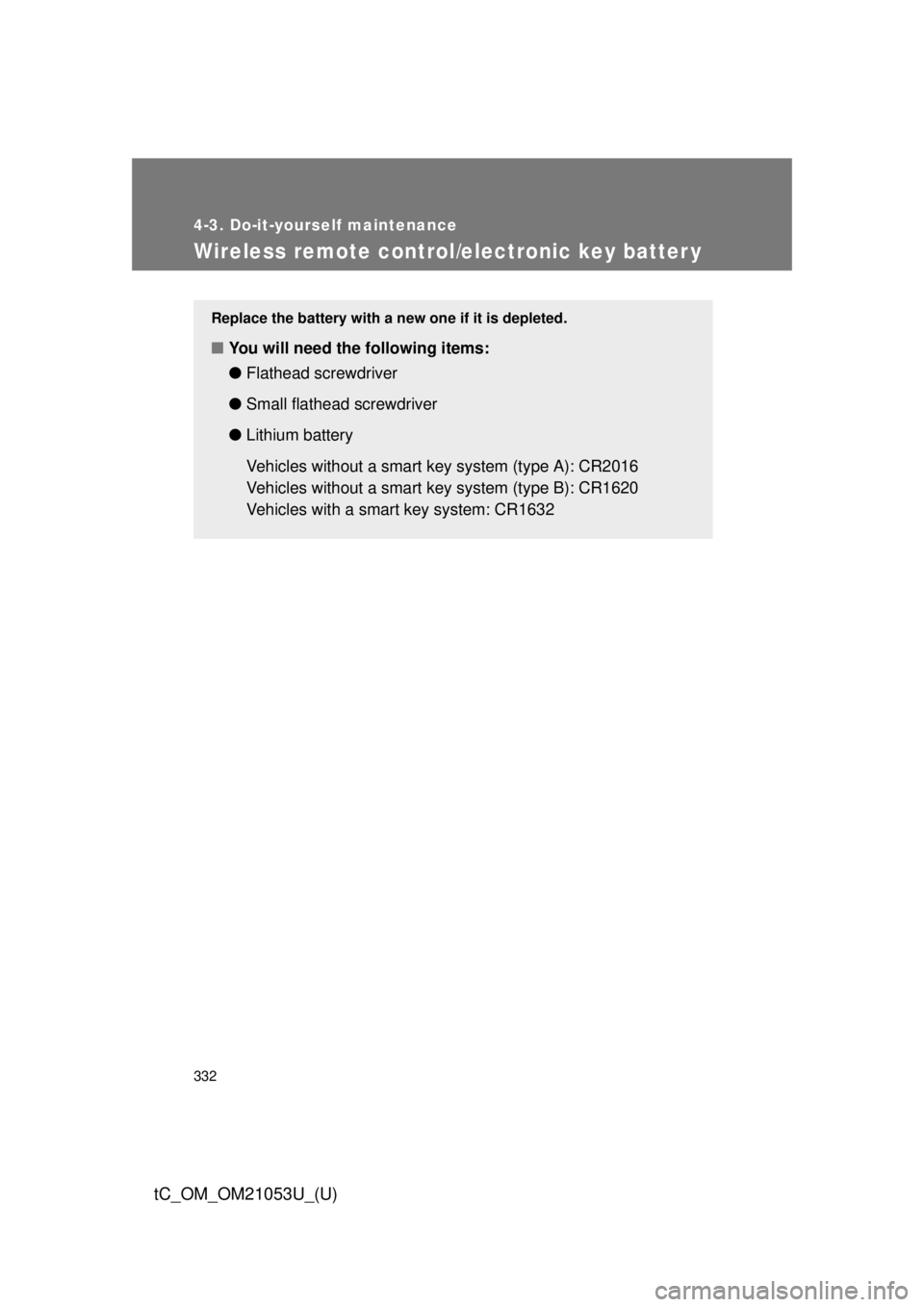 TOYOTA tC 2014  Owners Manual (in English) 332
4-3. Do-it-yourself maintenance
tC_OM_OM21053U_(U)
Wireless remote control/electronic key batter y
Replace the battery with a new one if it is depleted.
■You will need the following items:
●Fl