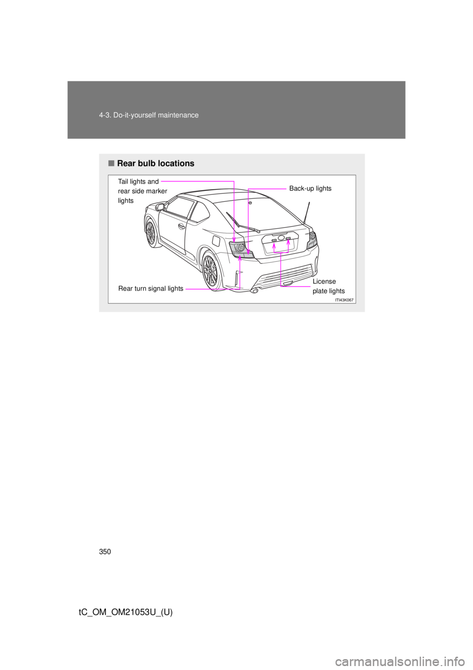 TOYOTA tC 2014  Owners Manual (in English) 350 4-3. Do-it-yourself maintenance
tC_OM_OM21053U_(U)
■Rear bulb locations
Tail lights and 
rear side marker 
lights 
Rear turn signal lightsBack-up lightsLicense
plate lights 