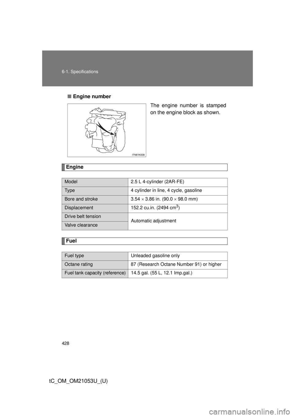 TOYOTA tC 2014  Owners Manual (in English) 428 6-1. Specifications
tC_OM_OM21053U_(U)
■Engine number
The engine number is stamped
on the engine block as shown.
Engine
Fuel
Model 2.5 L 4-cylinder (2AR-FE)
Type 4 cylinder in line, 4 cycle, gas