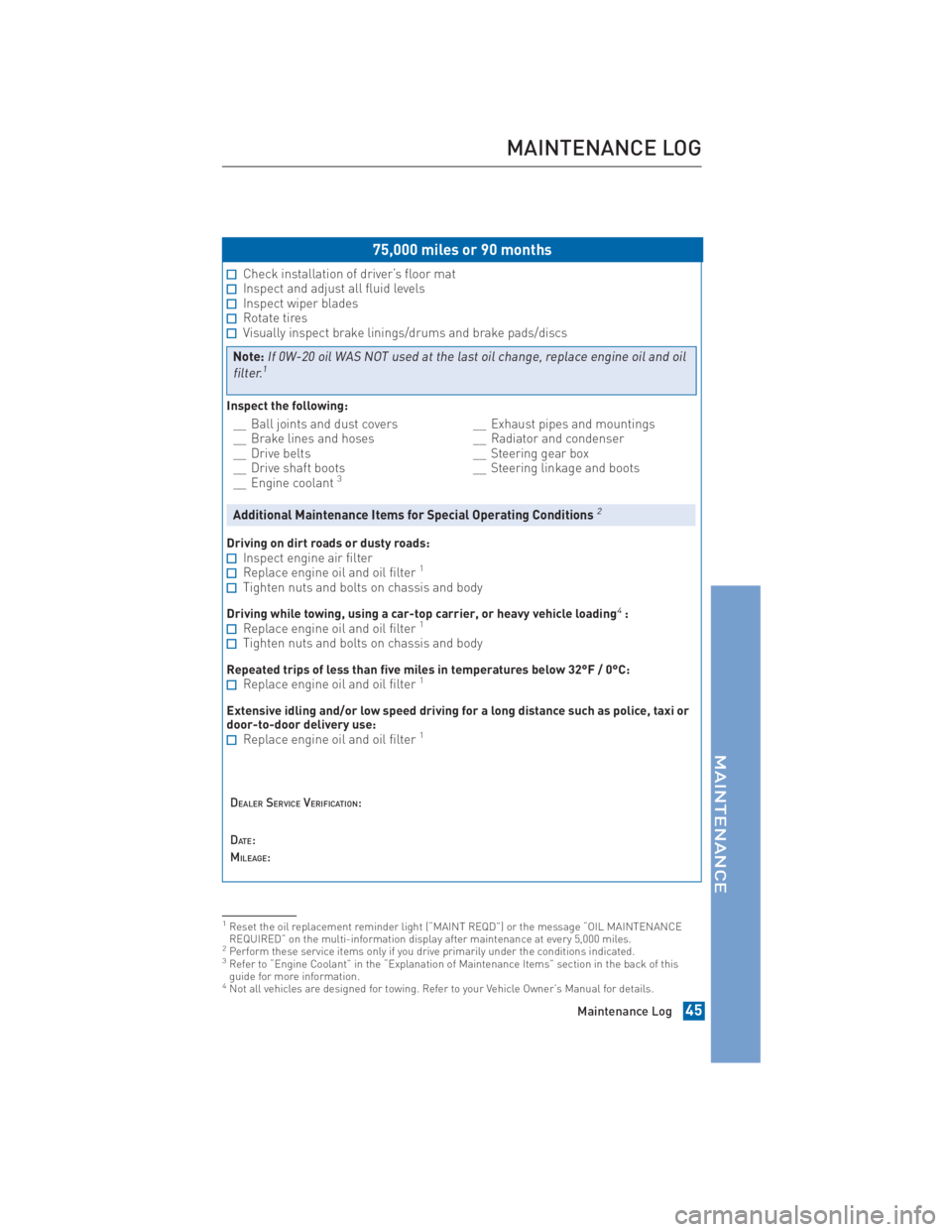 TOYOTA tC 2014 Warranties & Maintenance Guides (in English) JOBNAME: 1491493-2014stcWG-en PAGE: 45 SESS: 13 OUTPUT: Thu May 2 11:57:44 2013
/tweddle/toyota/sched-maint/1491493-en-stc/wg
75,000 miles or 90 months
Check installation of driver’s floor matInspec TOYOTA tC 2014 Warranties & Maintenance Guides (in English) JOBNAME: 1491493-2014stcWG-en PAGE: 45 SESS: 13 OUTPUT: Thu May 2 11:57:44 2013
/tweddle/toyota/sched-maint/1491493-en-stc/wg
75,000 miles or 90 months
Check installation of driver’s floor matInspec