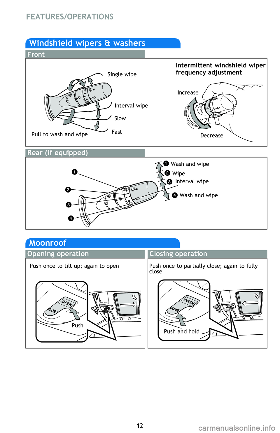 TOYOTA tC 2015 (in English) User Guide 12
FEATURES/OPERATIONS
Intermittent windshield wiper frequency adjustment
Windshield wipers & washers
Front
Rear (if equipped)
Interval wipe
Slow
FastPull to wash and wipe
Single wipe
Interval wipe
TOYOTA tC 2015 (in English) User Guide 12
FEATURES/OPERATIONS
Intermittent windshield wiper frequency adjustment
Windshield wipers & washers
Front
Rear (if equipped)
Interval wipe
Slow
FastPull to wash and wipe
Single wipe
Interval wipe