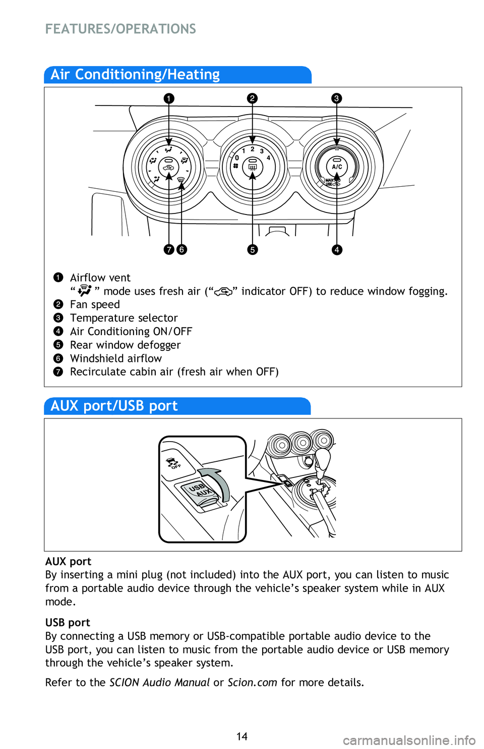 TOYOTA tC 2015 (in English) User Guide 14
Air Conditioning/Heating
Airflow vent
“ ” mode uses fresh air (“ ” indicator OFF) to reduce window fogging.
Fan speed
Temperature selector
Air Conditioning ON/OFF
Rear window defog TOYOTA tC 2015 (in English) User Guide 14
Air Conditioning/Heating
Airflow vent
“ ” mode uses fresh air (“ ” indicator OFF) to reduce window fogging.
Fan speed
Temperature selector
Air Conditioning ON/OFF
Rear window defog