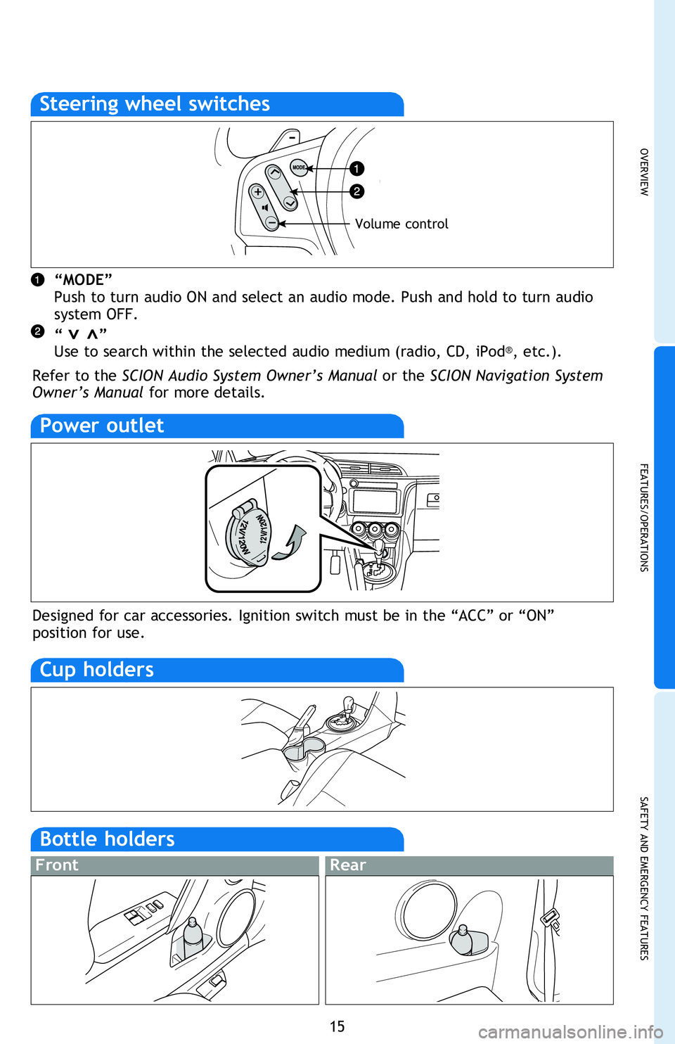 TOYOTA tC 2015 (in English) User Guide OVERVIEW
FEATURES/OPERATIONS
SAFETY AND EMERGENCY FEATURES
15
Airflow vent
Fan speed
Temperature selector
Air Conditioning ON/OFF
Rear window defogger
Windshield airflow
Recirculate cabin air (fresh TOYOTA tC 2015 (in English) User Guide OVERVIEW
FEATURES/OPERATIONS
SAFETY AND EMERGENCY FEATURES
15
Airflow vent
Fan speed
Temperature selector
Air Conditioning ON/OFF
Rear window defogger
Windshield airflow
Recirculate cabin air (fresh