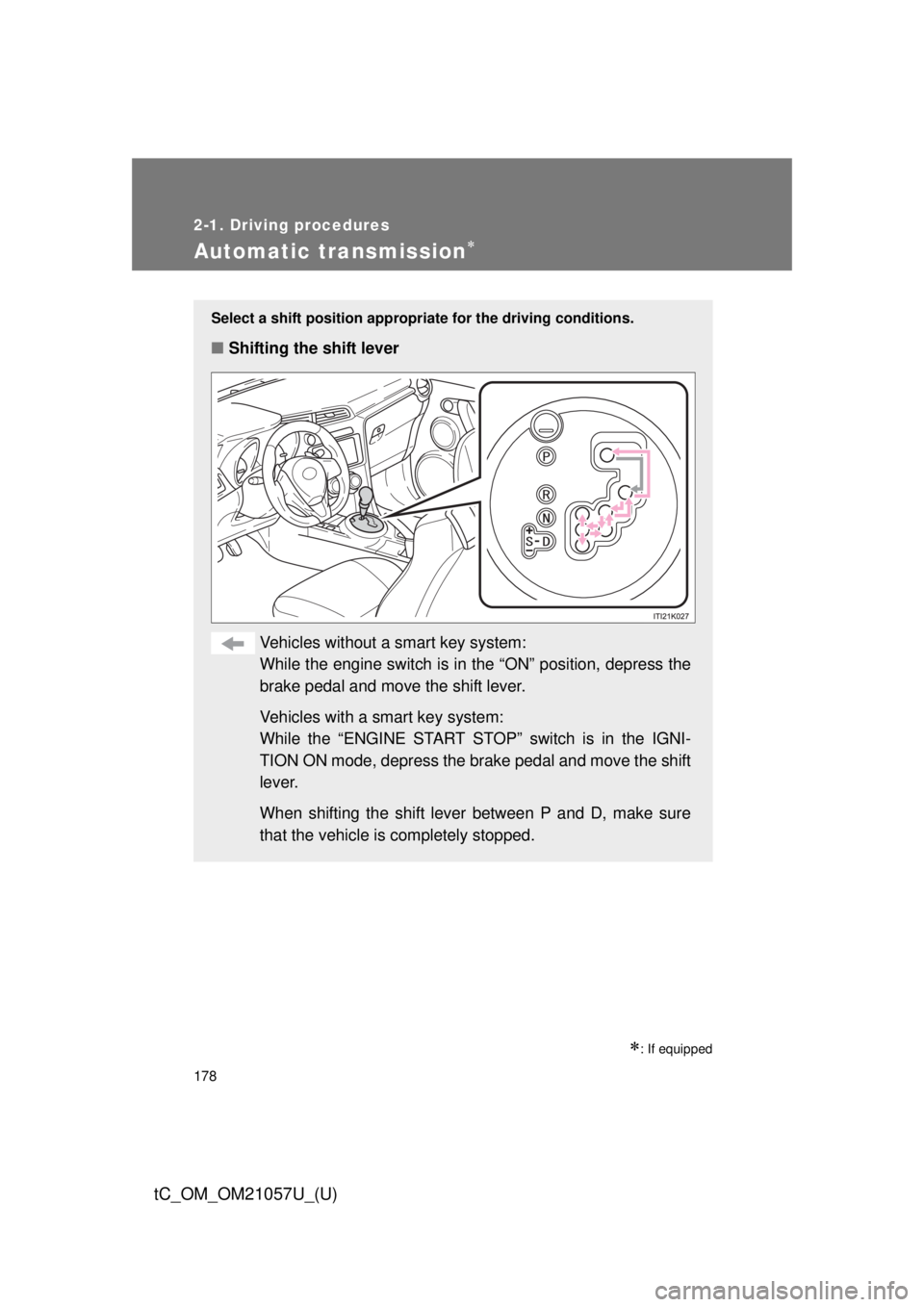 TOYOTA tC 2015 Owners Manual (in English) 178
2-1. Driving procedures
tC_OM_OM21057U_(U)
Automatic transmission
: If equipped
Select a shift position appropriate for the driving conditions.
■Shifting the shift lever
Vehicles without a TOYOTA tC 2015 Owners Manual (in English) 178
2-1. Driving procedures
tC_OM_OM21057U_(U)
Automatic transmission
: If equipped
Select a shift position appropriate for the driving conditions.
■Shifting the shift lever
Vehicles without a
